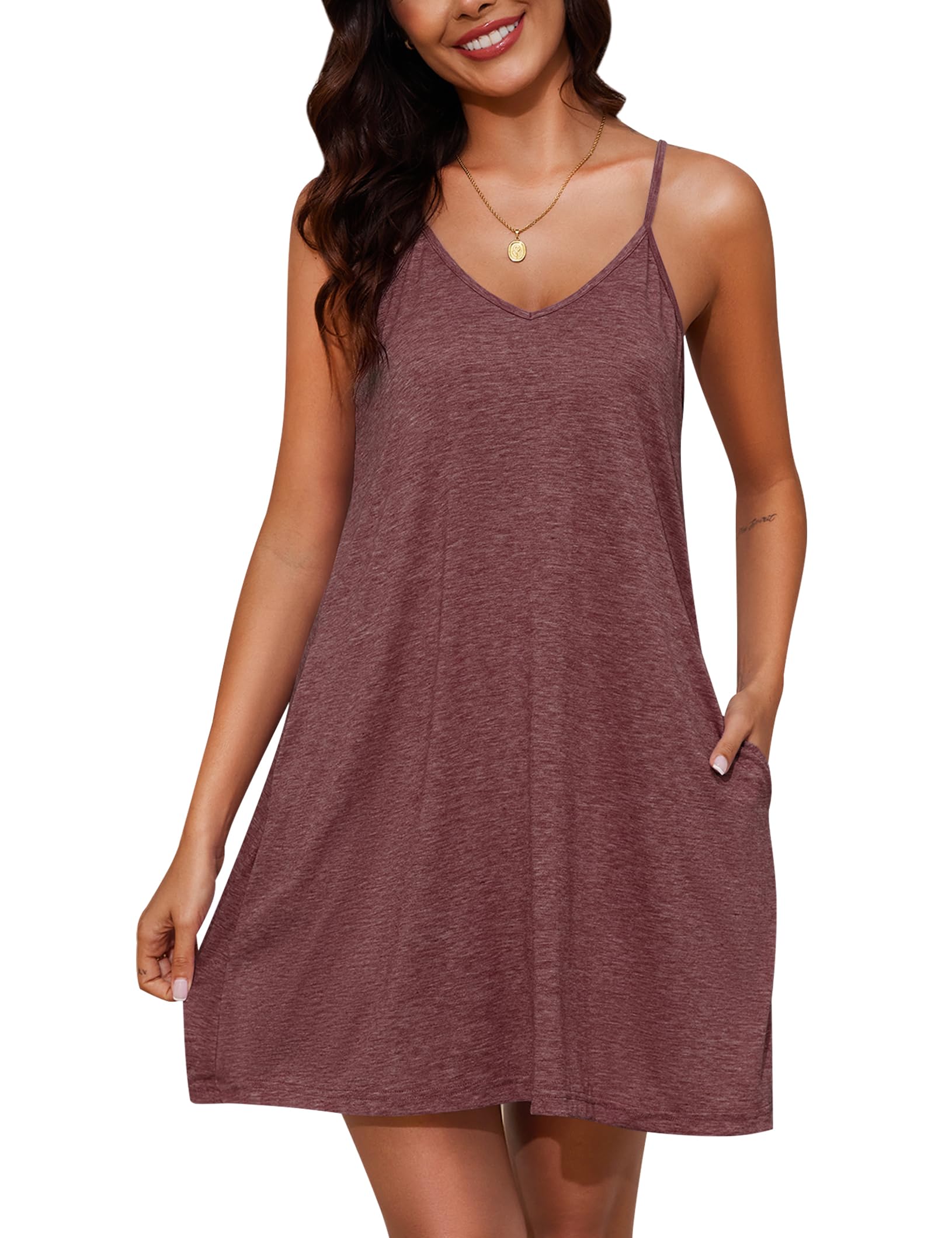 Marvmys Womens Cotton Sleeveless Nightgown Spaghetti Strap V Neck Full Slip Sleep Dress with Pockets WEBE CLOTHING