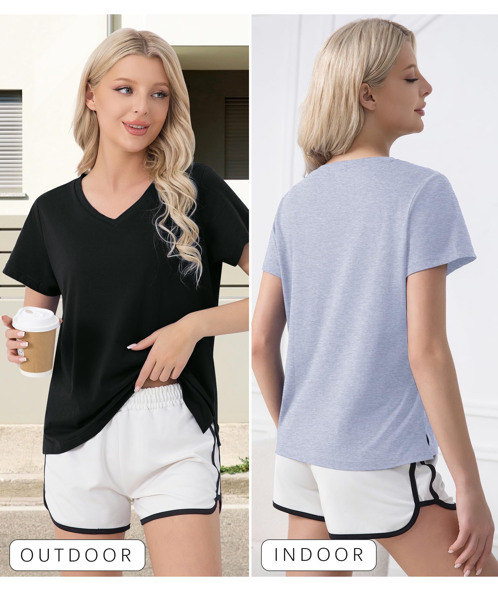 ENJOYNIGHT 2 Pack Womens Pajama Tops Cotton T-Shirt V-Neck Soft Sleep Pj Shirt Short Sleeves