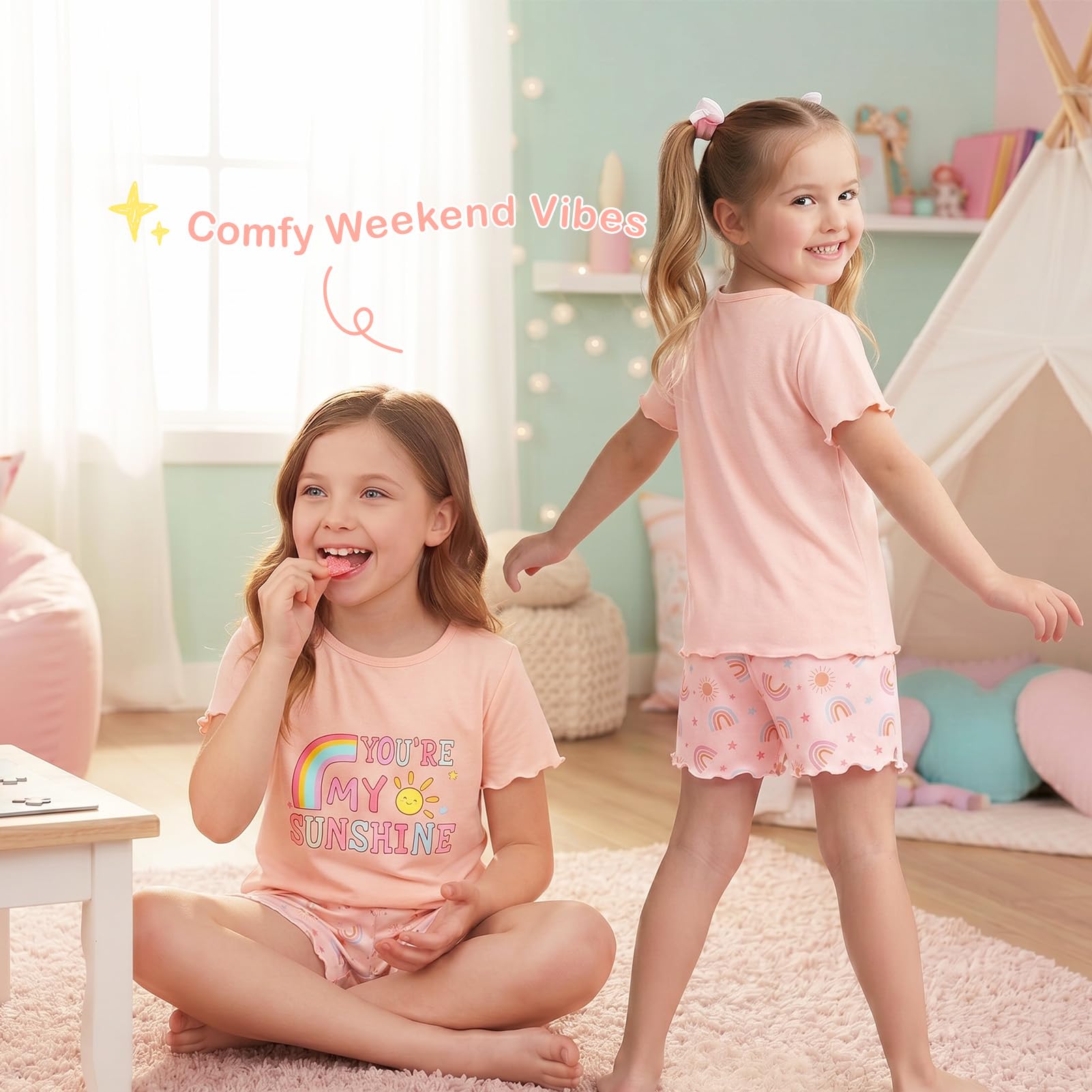 Play Tailor Girls Pajamas for Toddler Ruffled Kids Pajamas Set Short Sleeves Summer Pjs Sleepwear for Girl