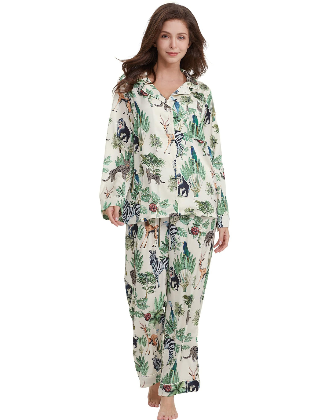 YiNi LuLu Womens Silk Satin Pajamas Set Button Down 2 Piece Pjs Long Sleeve Oversized Sleepwear with Pockets