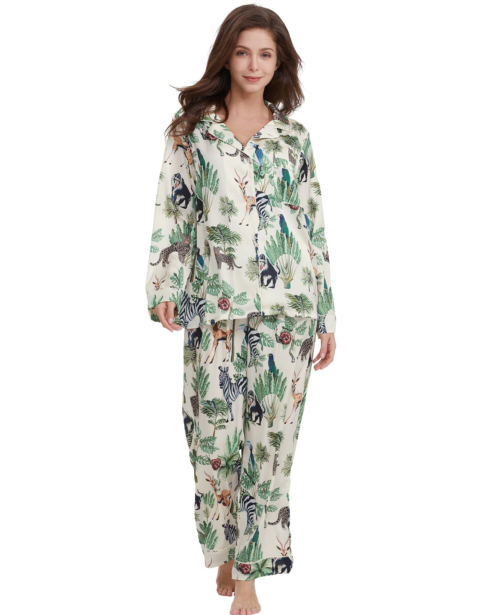 YiNi LuLu Womens Silk Satin Pajamas Set Button Down 2 Piece Pjs Long Sleeve Oversized Sleepwear with Pockets