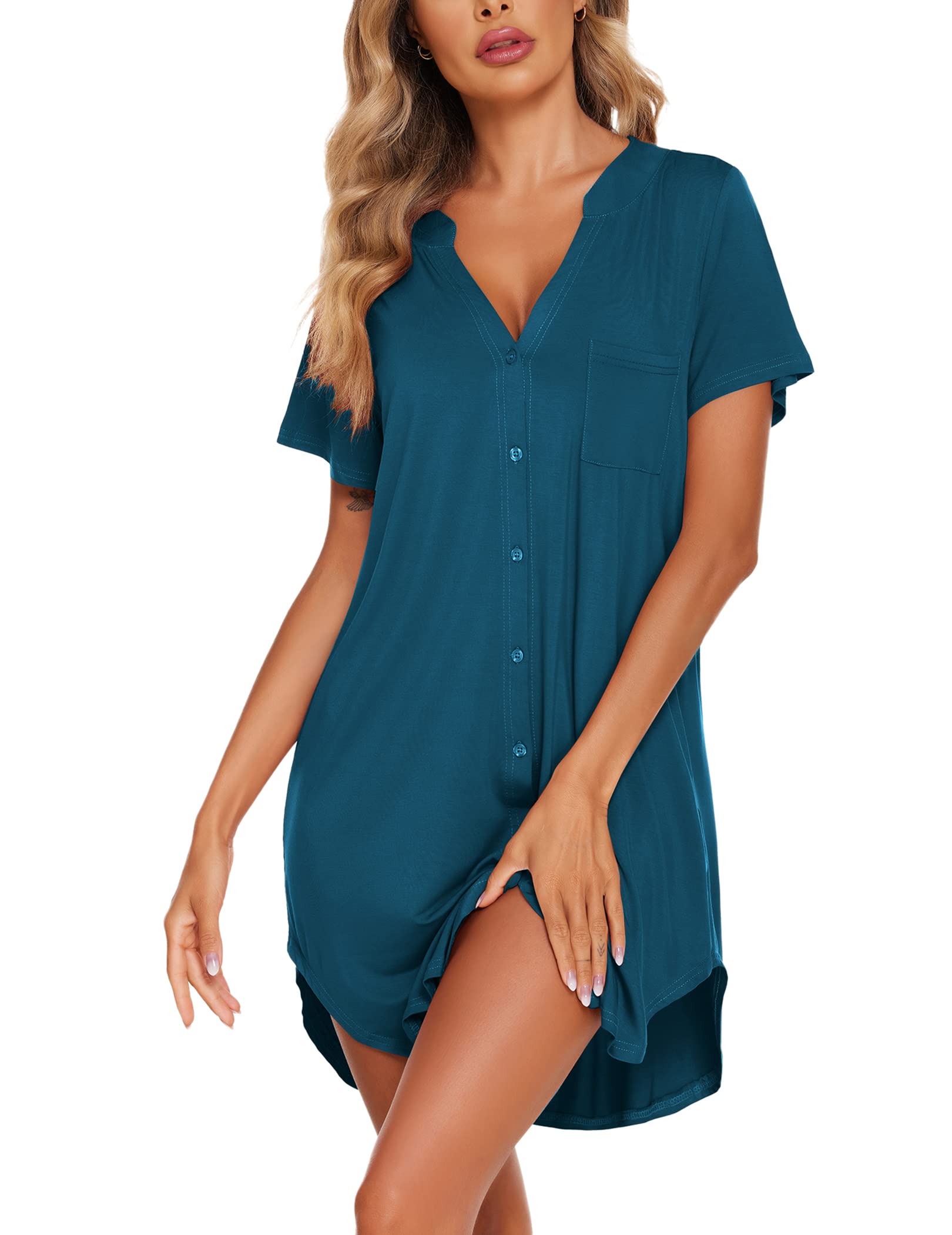 Ekouaer Women V Neck Button Down Nightgown