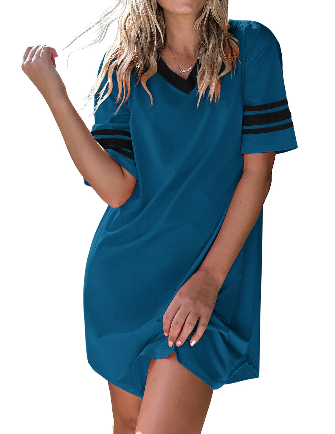 Ekouaer Nightgowns for Women Cotton Night Gown Short Sleeve Sleepwear V Neck Color Block Sleep Shirts Ladies Night Shirts