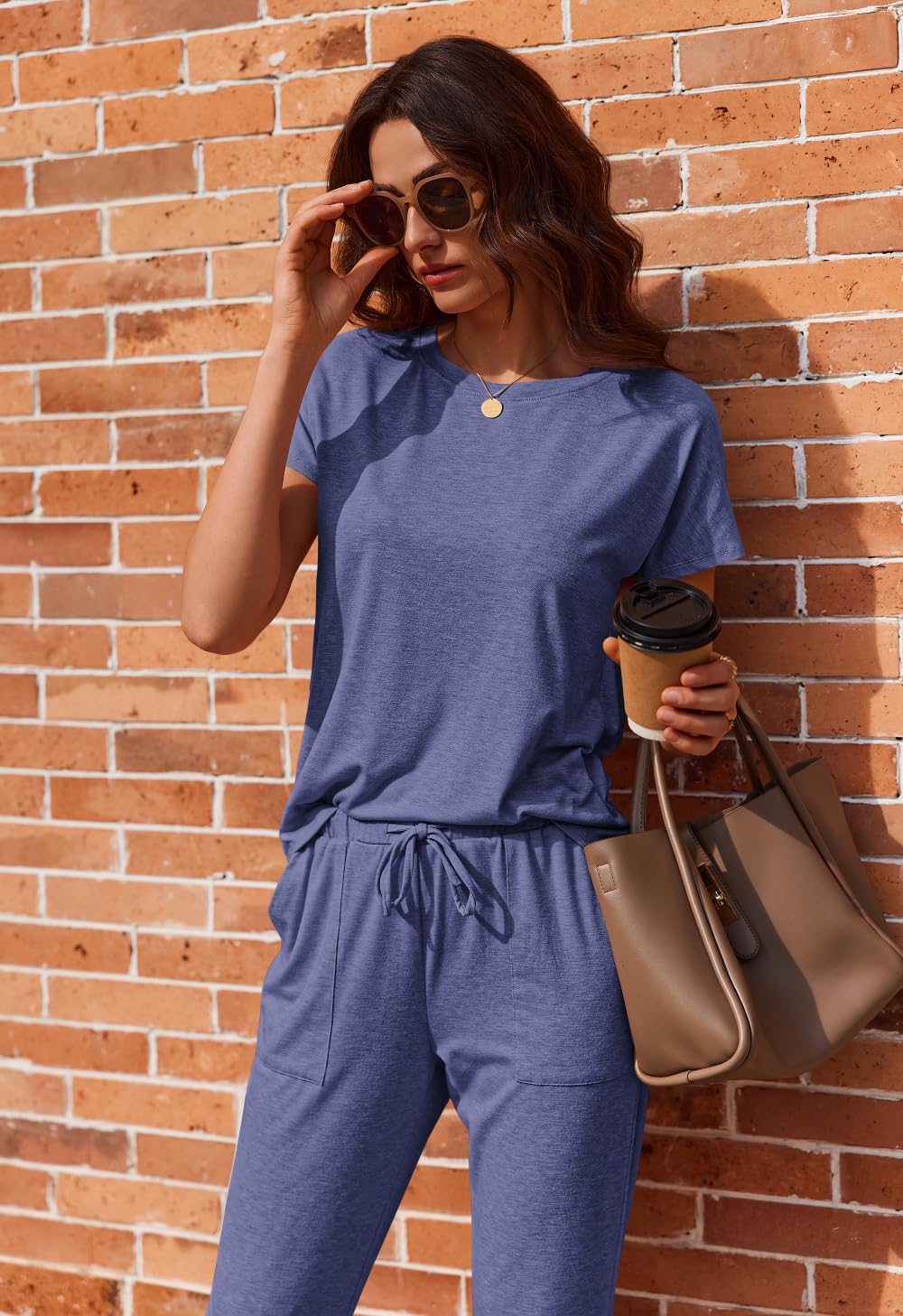 Ekouaer 2 pack Pajama Sets for Womens Jogger Pants Pjs Short Sleeves Lounge Set Soft Sleepwear with Pockets