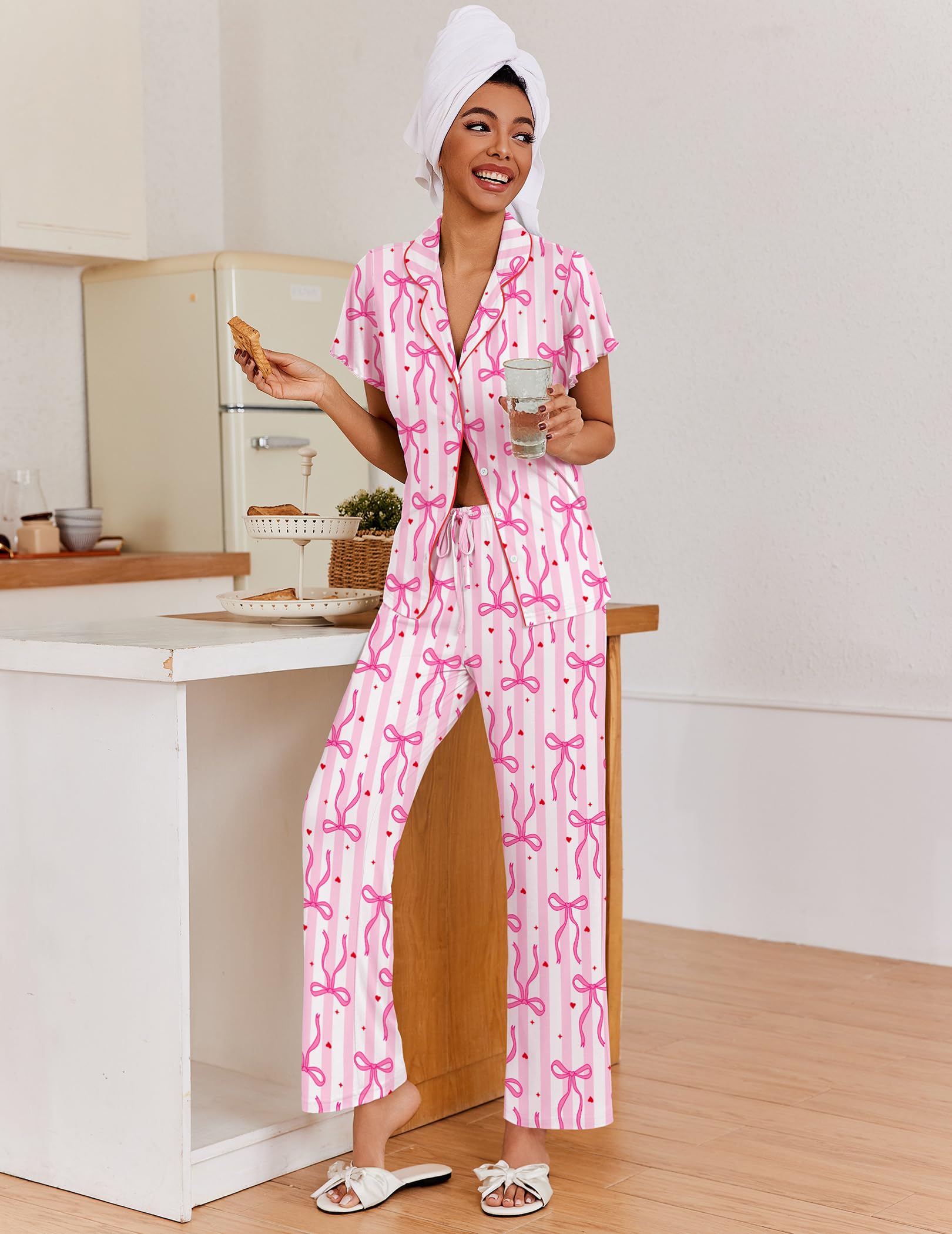 Ekouaer Pajamas for Women Set Button Up Sleepwear Cute Pjs Ruffle Sleeve Notch Collar Loungewear with Long Pants S-XXL