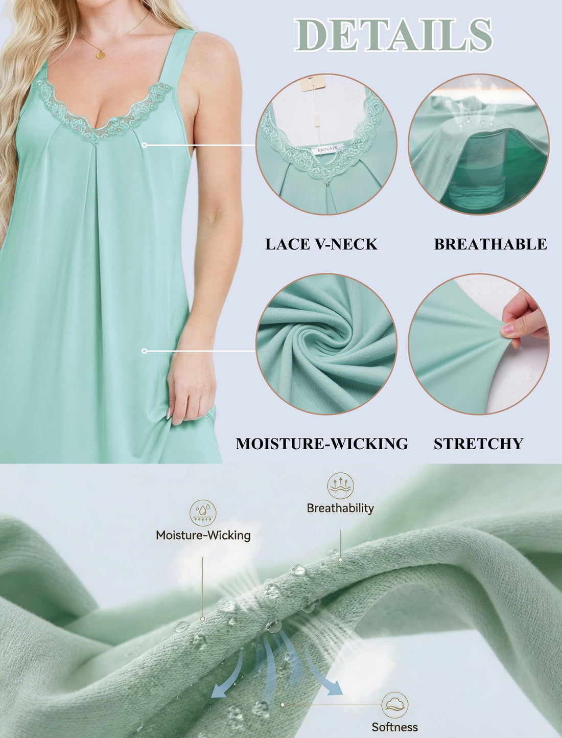 Ekouaer Sleeveless Nightgowns for Women Lace V-neck Long Nightdress Wide Strap Sleepwear Soft Lounge Dresses WEBE CLOTHING