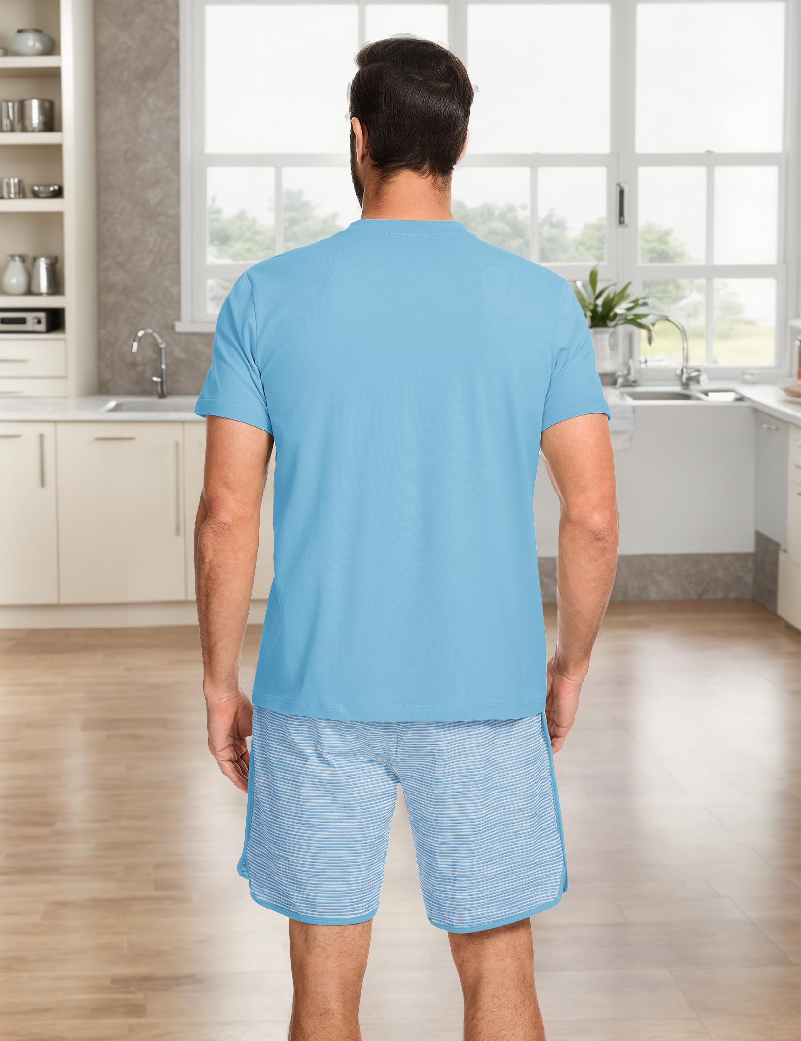 Mens Cotton Pajamas Set Stripe 2 Piece Lounge Set Pjs Summer Short Sleeve and Shorts Comfy Loungewear with Pockets WEBE CLOTHING