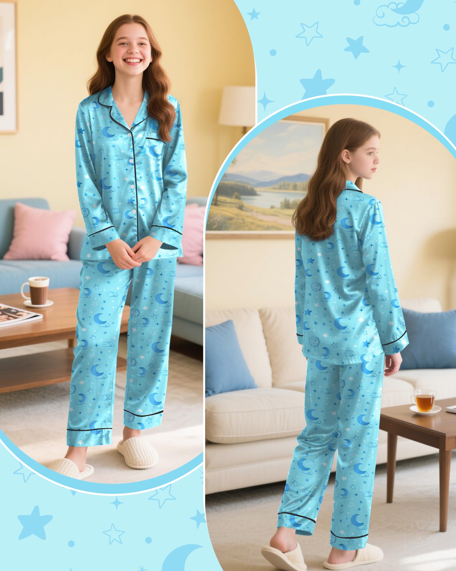 Sylfairy Girls Pajamas Silk PJS Set Satin Sleepwear Long Sleeve Jammies for Kids Button-Down Nightwear Loungewear 3-16 Years