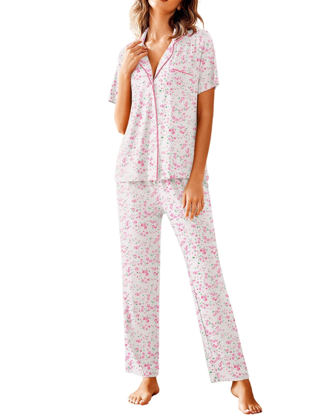 Avidlove Women Pajamas Set Notch Collar Soft Sleepwear Pjs Short Sleeve Button Down Nightwear with Long Pants WEBE CLOTHING