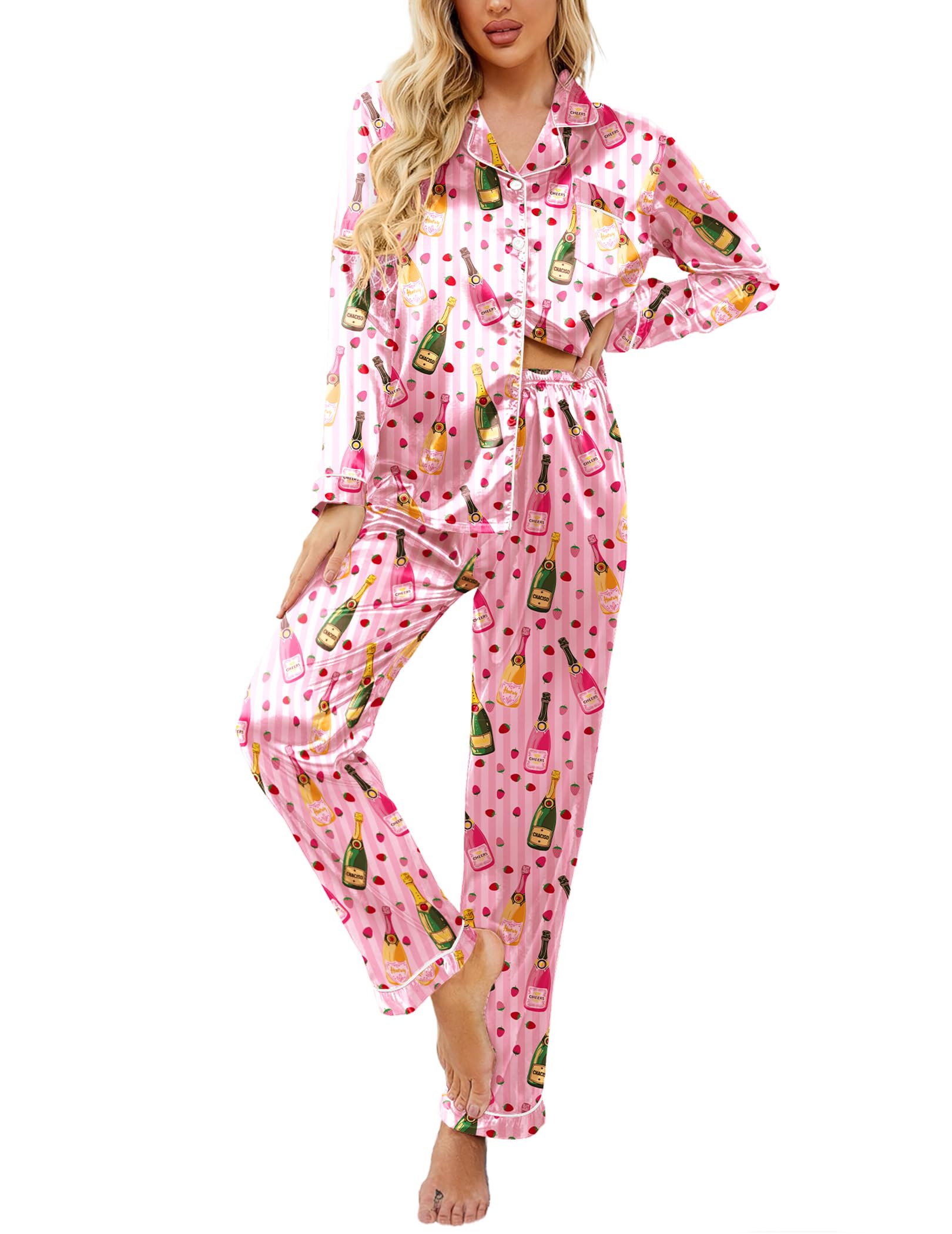 Ekouaer Womens Satin Silky Pajama Set Classic Pattern Button Down Pjs Set | Soft Fabric, Long Sleeve Notch Collar with Contrast Piping, Chest Pocket, Gifting Sleepwear WEBE CLOTHING