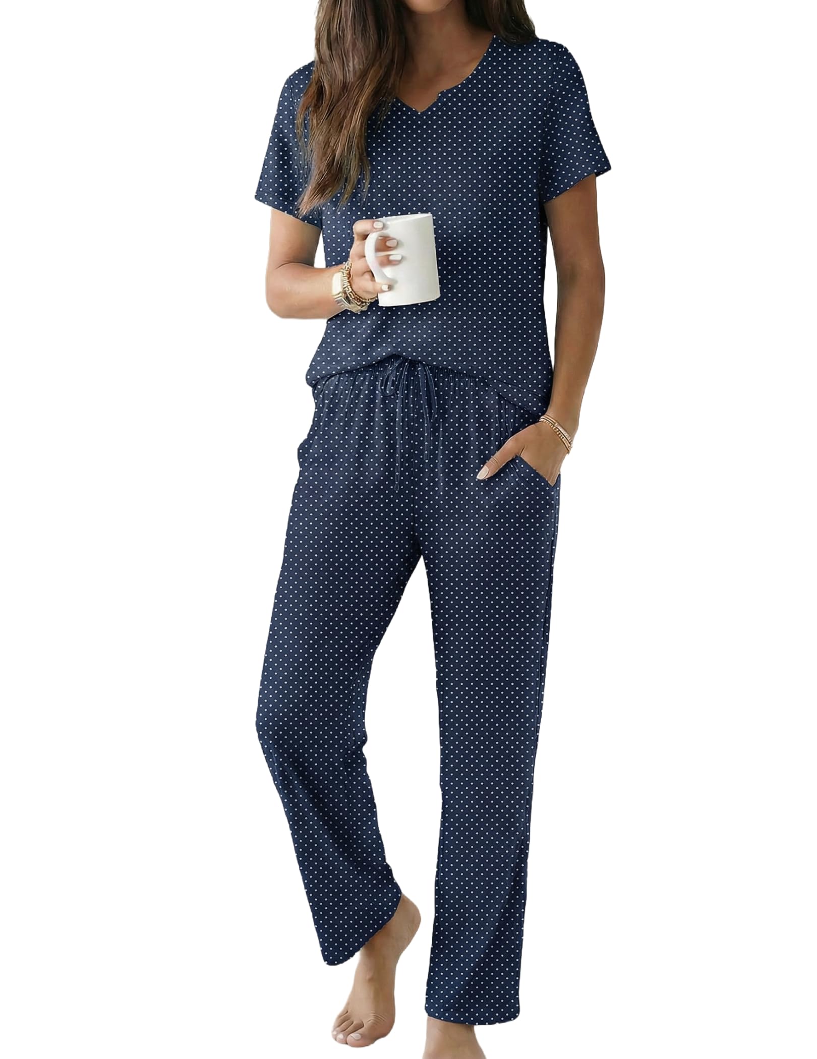 Ekouaer 2 Piece Womens Pajamas Short Sleeve Top and Long Pants Pjs Set Printed Sleepwear with Pocket WEBE CLOTHING