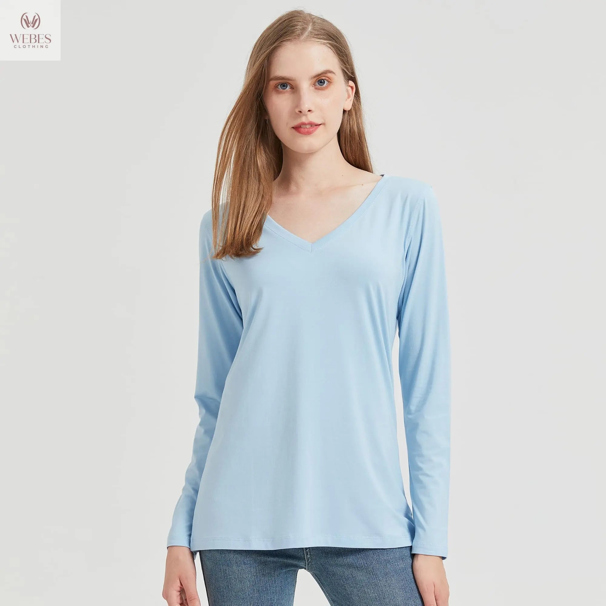 netdraw Women's Bamboo Viscose Long Sleeve V-Neck T-Shirt Soft Comfy Trendy Casual Sleep Pajama Lounge Tops