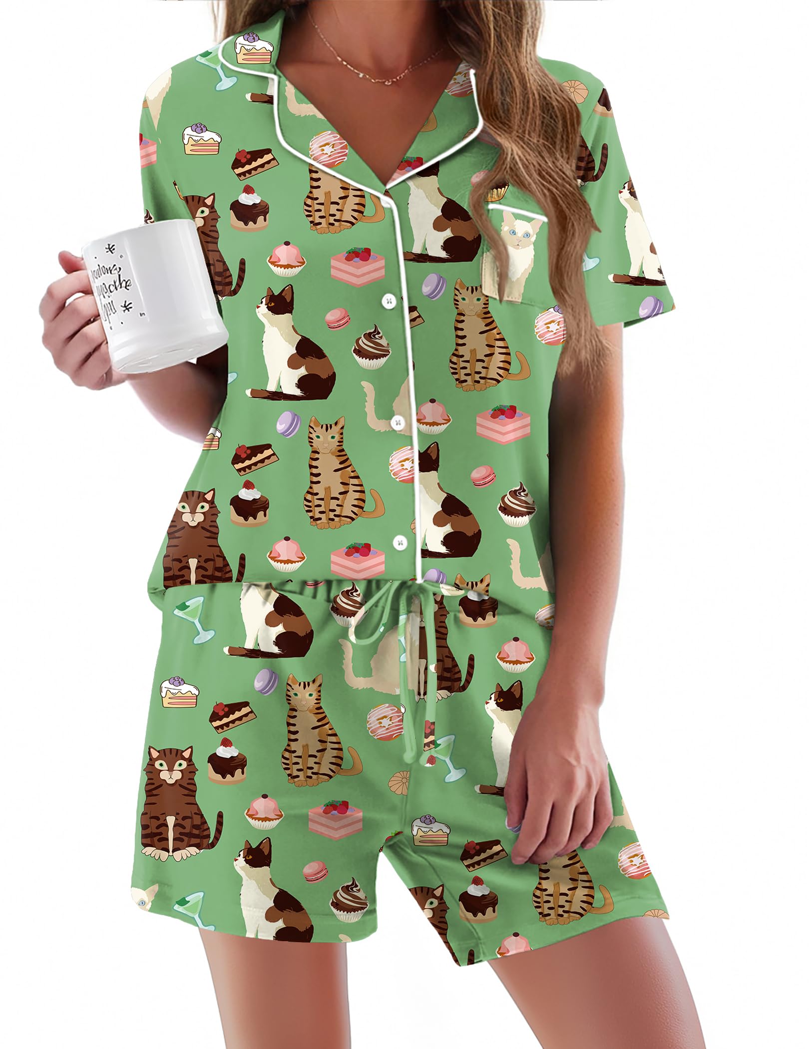 Ekouaer Pajamas Set for Women Short Sleeve Sleepwear Button Down Pjs Soft 2 Piece Lounge Sets XS-XXXL