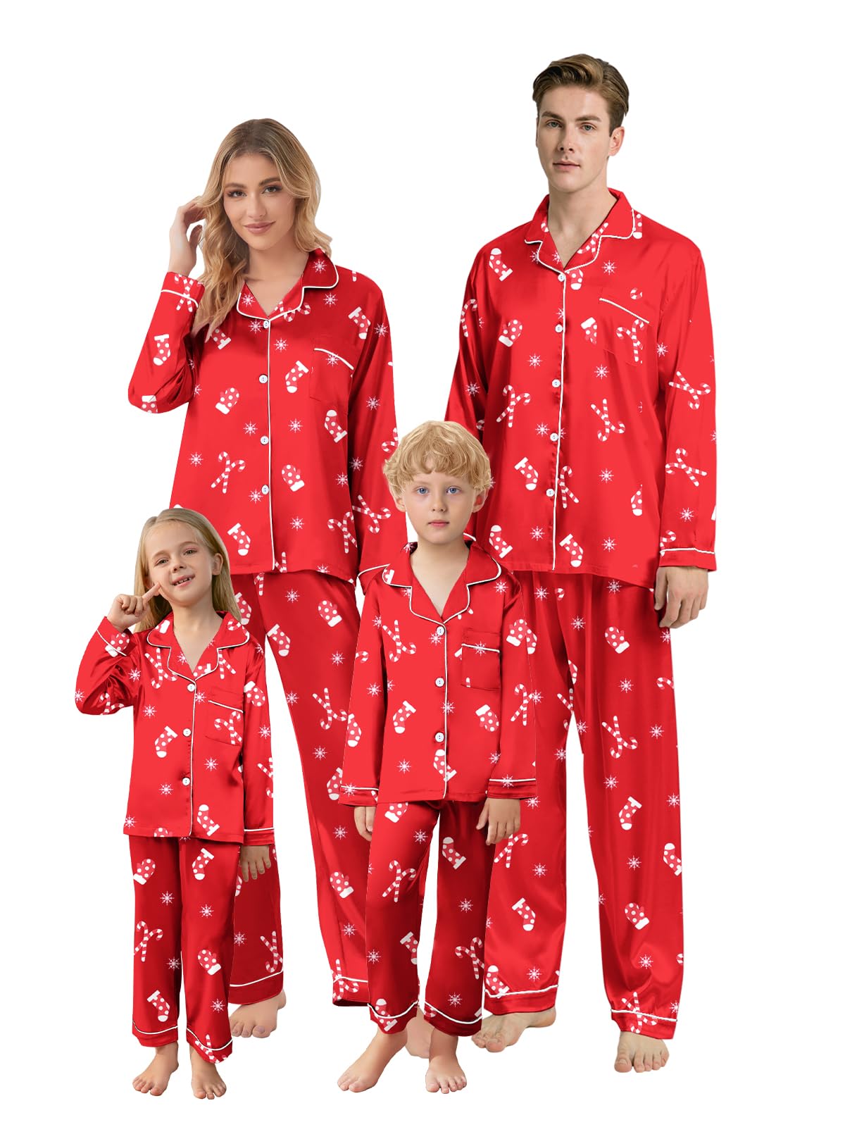 Schbbbta Christmas Family Silk Pajamas Matching Sets Long Sleeve Pj Set Satin Button Down Holiday Sleepwear