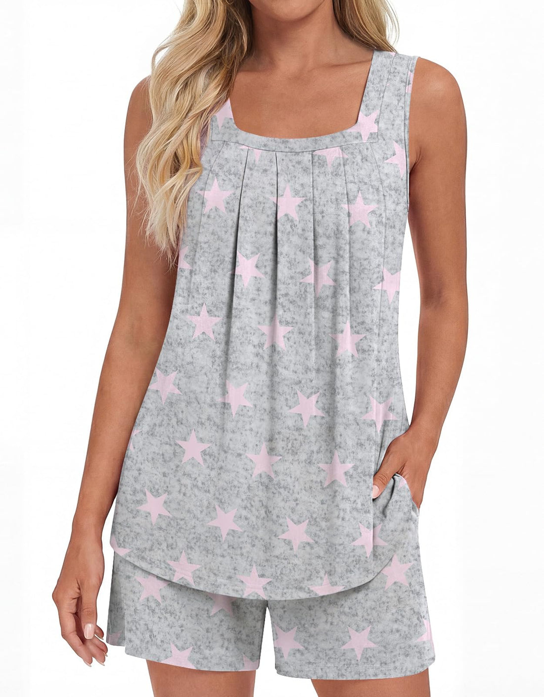 LONGYUAN Womens Sleeveless Pajama Set Soft Summer Lounge Shorts Tank Top Sleepwear with Pockets 2 Piece Set M-3XL