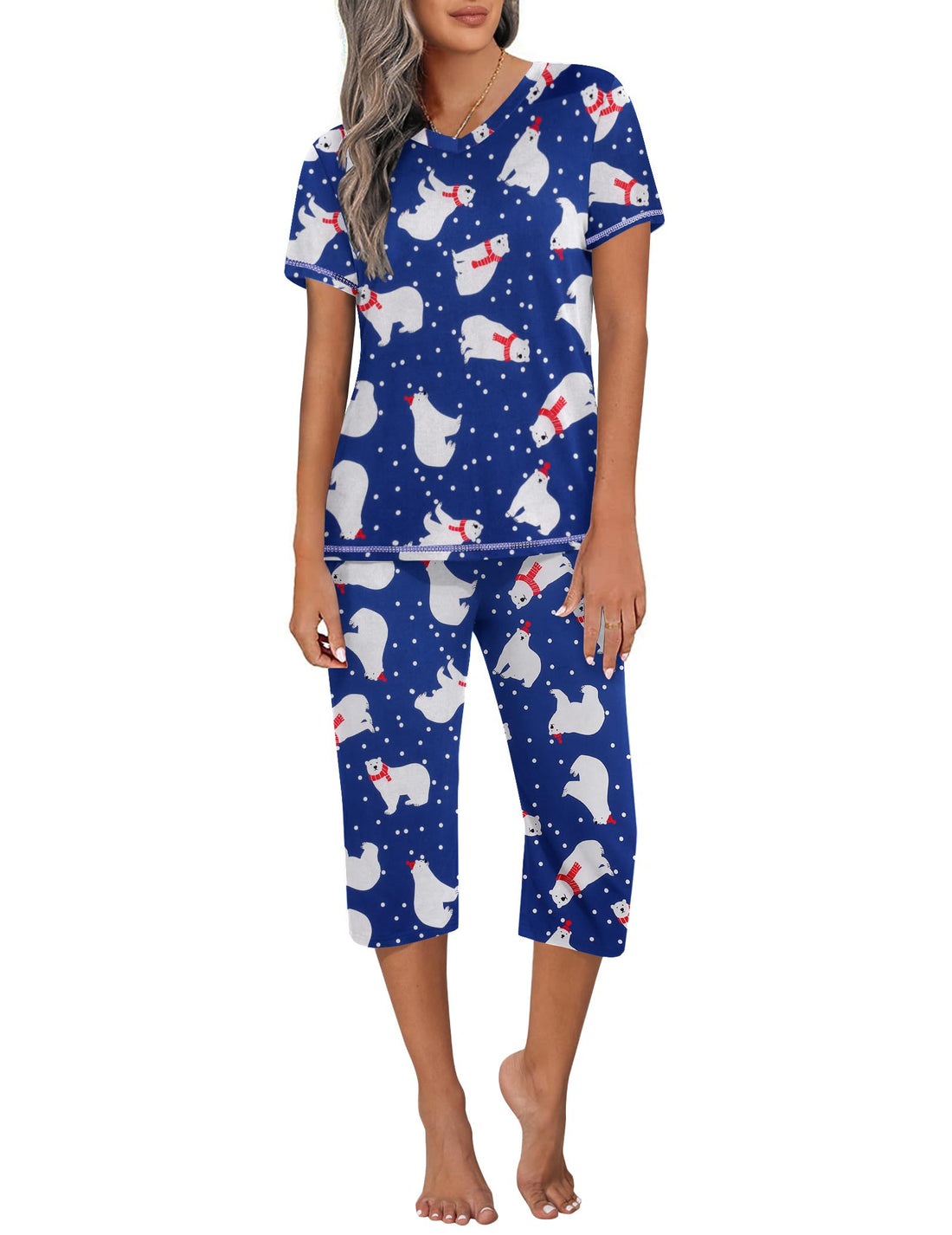 Ekouaer Women's Sleepwear Capri Pajama Sets Short Sleeve Two-Piece Pjs V Neck Tops & Capri Pants with Pockets S-3XL
