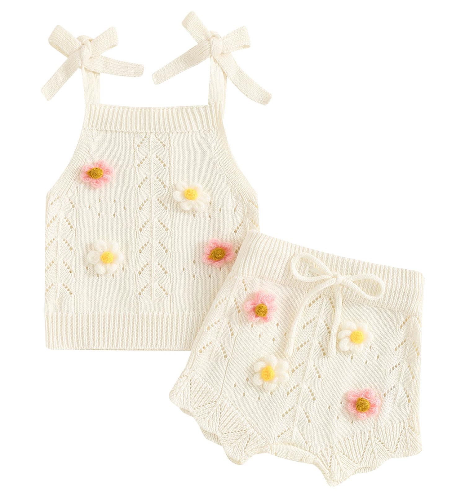 TheFound Toddler Baby Girls Knitted Outfit Tie-up Tank Top Elastic Waist Flower Shorts Summer Clothes 6 12 18 24 Months 2t 3t WEBE CLOTHING