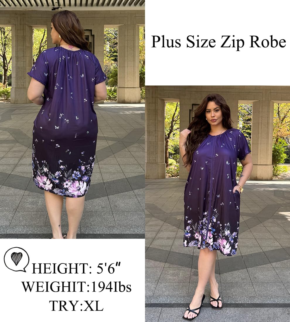 Ekouaer Zipper Robes for Women Short Sleeves Knit Bathrobes Knee Length Soft Lace Trim Loungewear with Pockets S-3XL WEBE CLOTHING