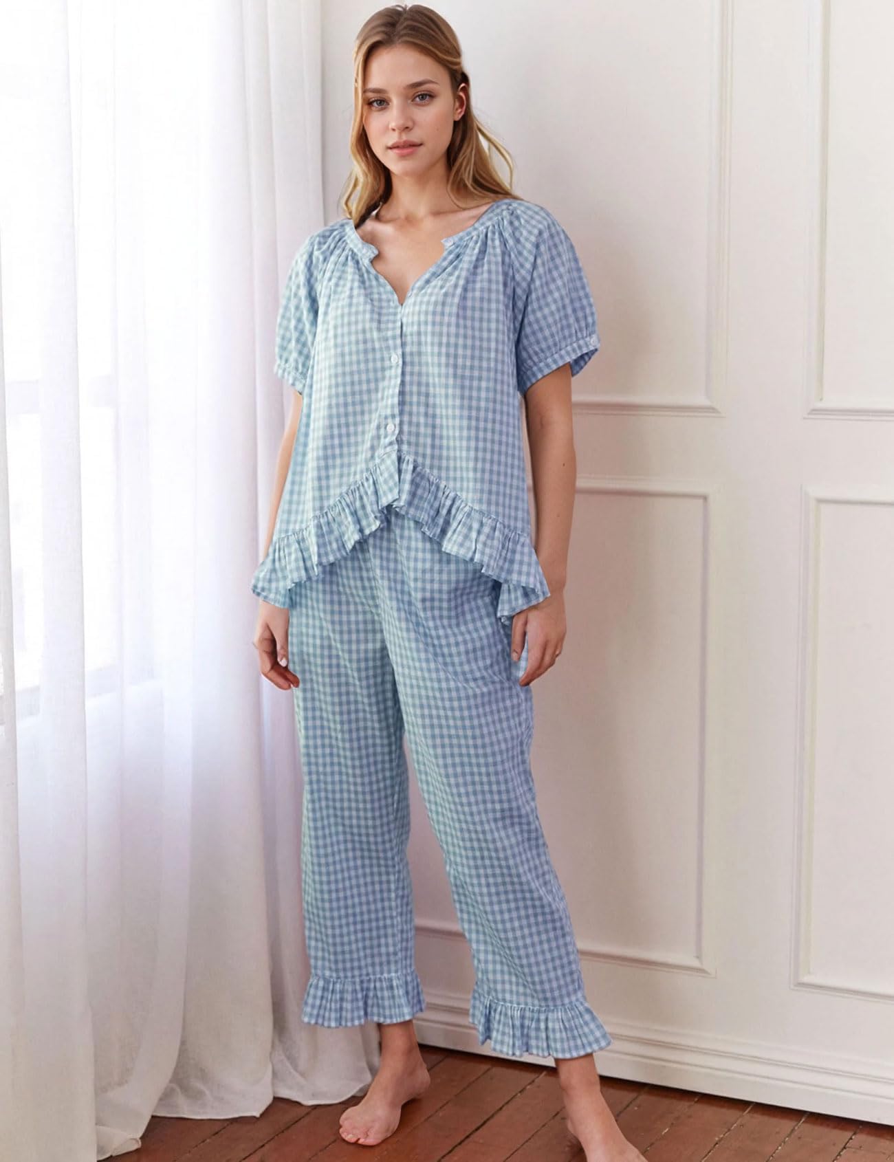 Flygo Womens Plaid 2 Piece Pajamas Sets Gingham Button Down Puff Sleeve Babydoll Shirt Ruffle Pants Y2K Pjs Lounge Set WEBE CLOTHING