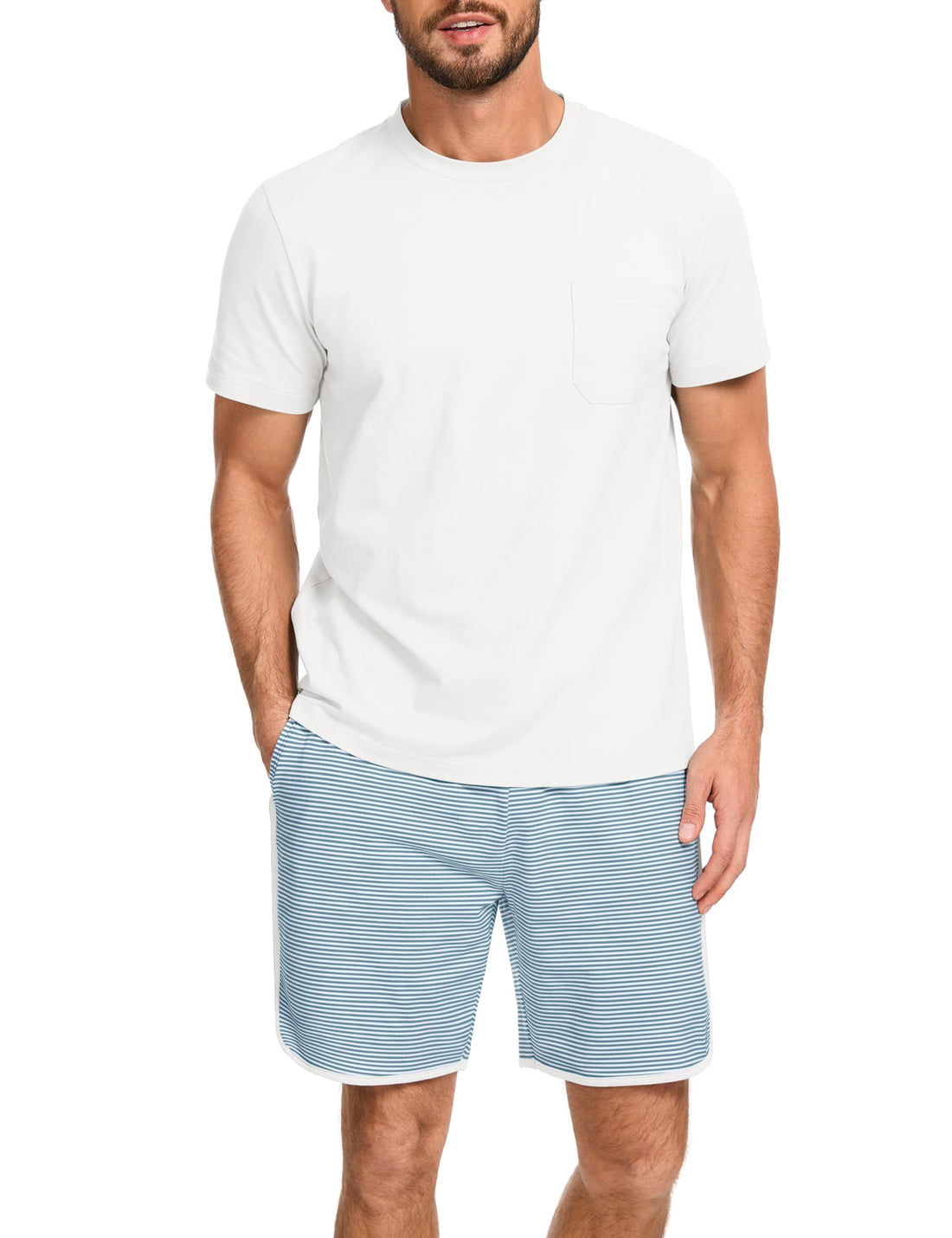 Mens Cotton Pajamas Set Stripe 2 Piece Lounge Set Pjs Summer Short Sleeve and Shorts Comfy Loungewear with Pockets WEBE CLOTHING