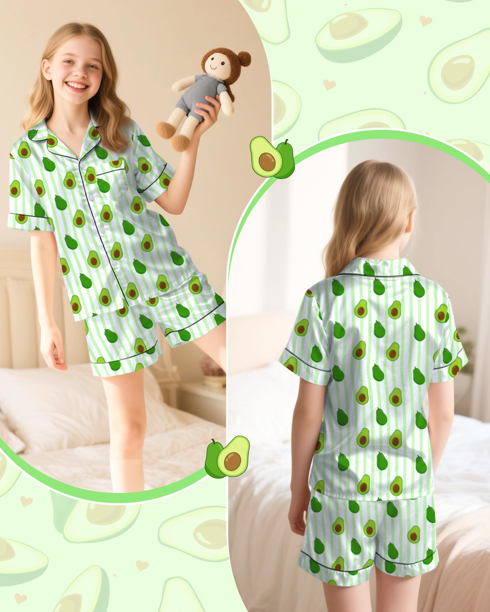 Sylfairy Girls Pajamas Silk PJS Set Pink Bow Satin Sleepwear Short Sleeve Jammies for Kids Button-Down Nightwear size 7-14