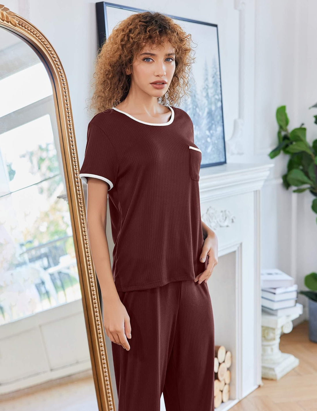 Ekouaer Women Lounge Pajamas Sets Ribbed Knit PJ Short Sleeve and Long Pajama Pant Soft 2 Piece Sleepwear Loungwear Set
