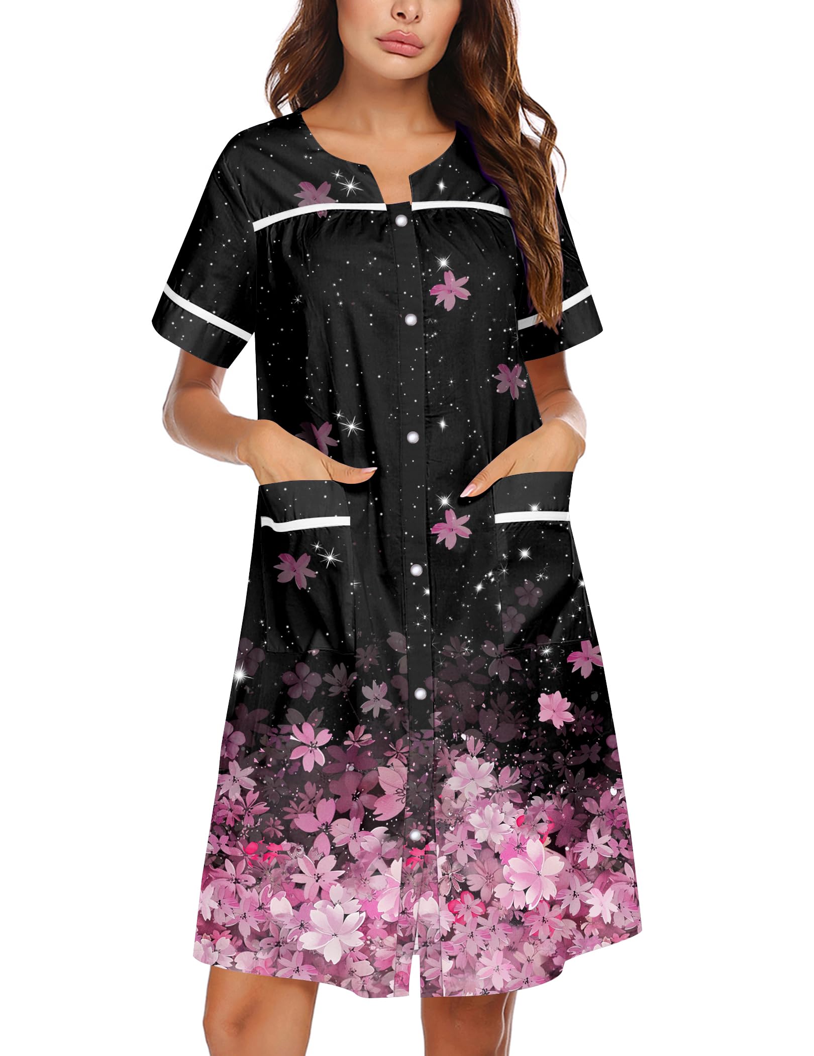 Ekouaer Nightgowns for Women House Dress with Pockets Snap Front House Coat | Duster Mumu Dress, Short Sleeve Moo Moos, Plus Size Sleepwear, Casual Lounge Dress, Labor Delivery Gown, Daily Wear, Home