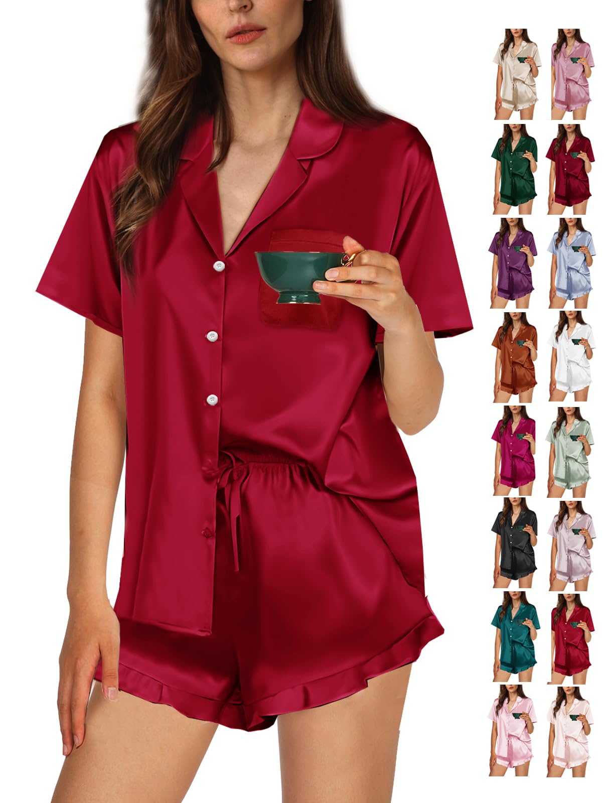 WJing Yi Jia Ruffle Pajama Sets For Women XS-4XL Womens Silk Satin Pajamas Set Silky Sleepwear Pj Sets Nightwear Loungewear