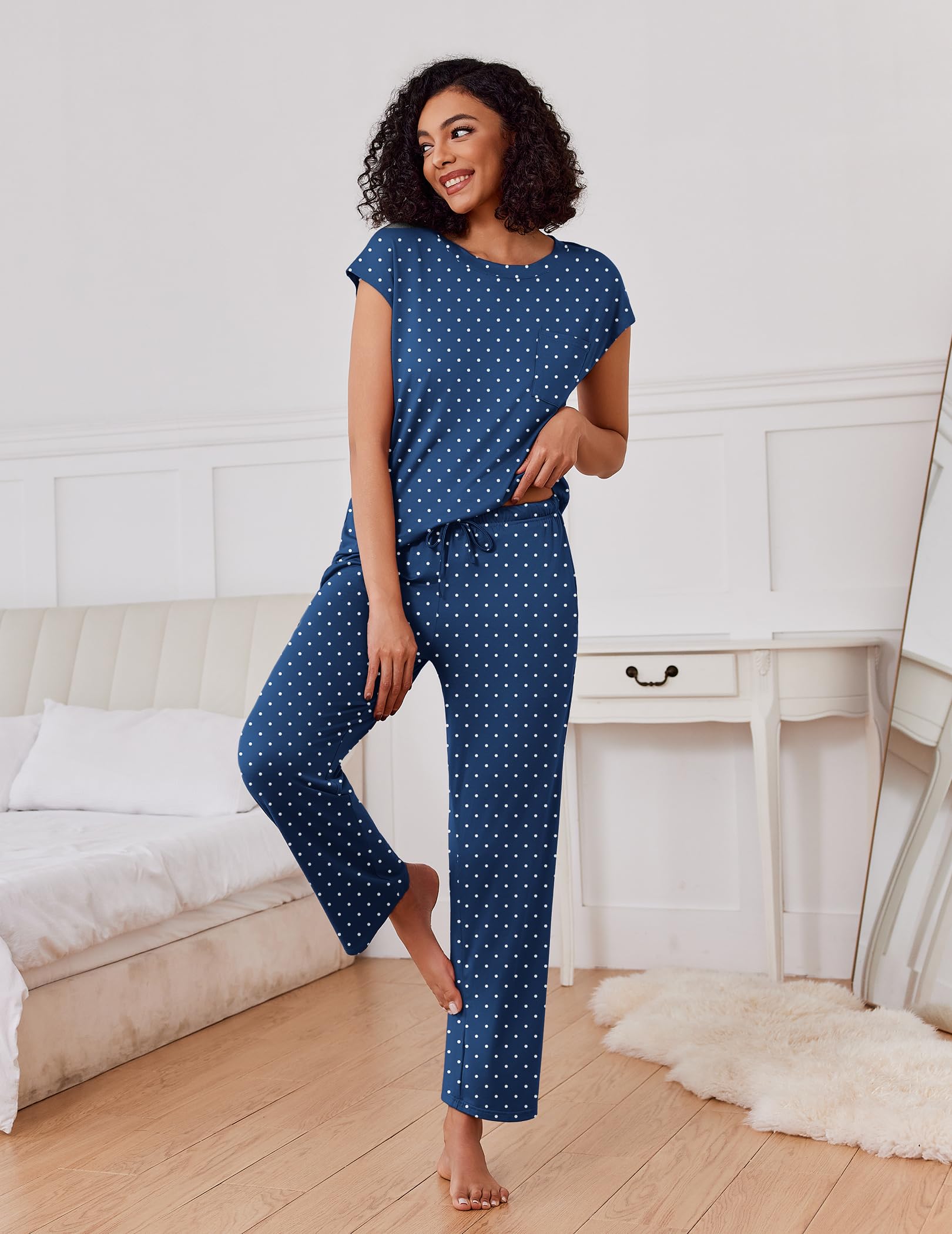 Ekouaer 2 Packs Pajamas for Women Set Cap Sleeve Top and Pants Soft Sleepwear Comfy Pjs Set with Pockets Loungewear