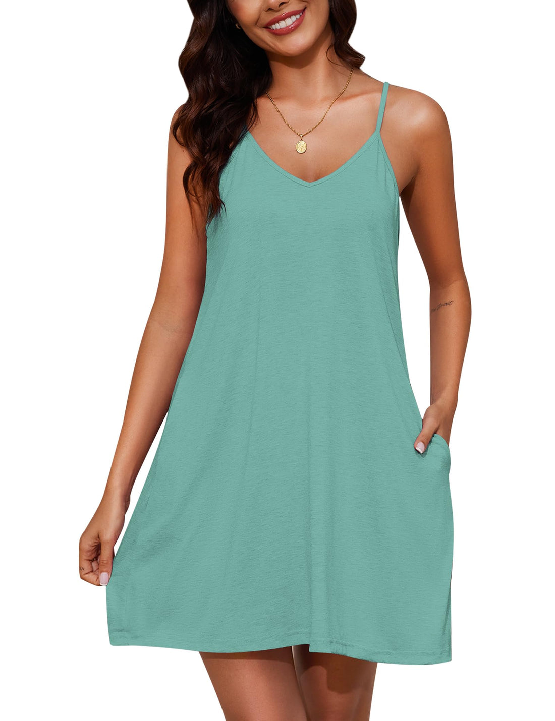 Marvmys Womens Cotton Sleeveless Nightgown Spaghetti Strap V Neck Full Slip Sleep Dress with Pockets WEBE CLOTHING