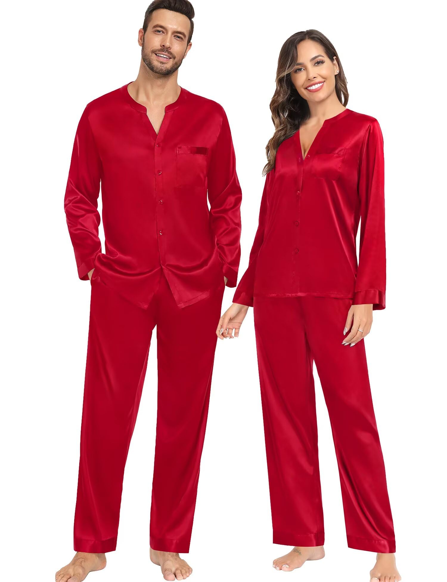 SWOMOG Family Matching Pajama Set 2Pcs Silk Satin Sleepwear Long Sleeve Button Down Loungewear