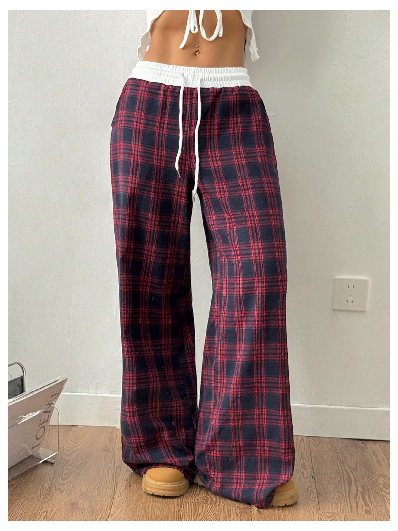 SOLY HUX Women's Plaid Checkered Pants Flannel Pajama Pants Lounge Wide Leg Baggy Sweatpants with Pockets