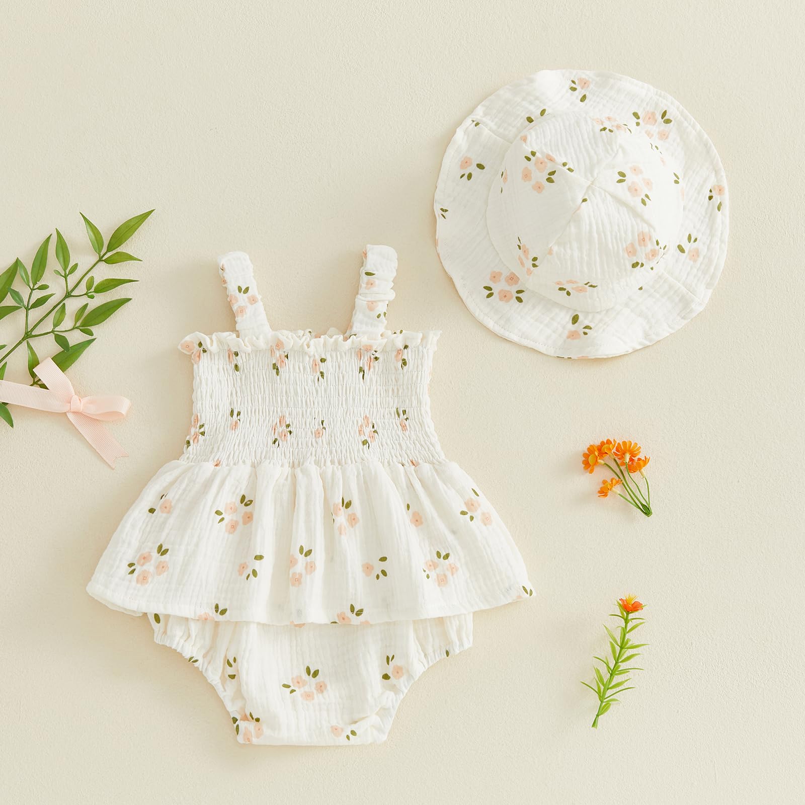 Mubineo Baby Girl Clothes Summer Dress Cotton Linen Romper Sleeveless Smocked Rompers Sun Dress Hat Skirt Boho Outfits WEBE CLOTHING
