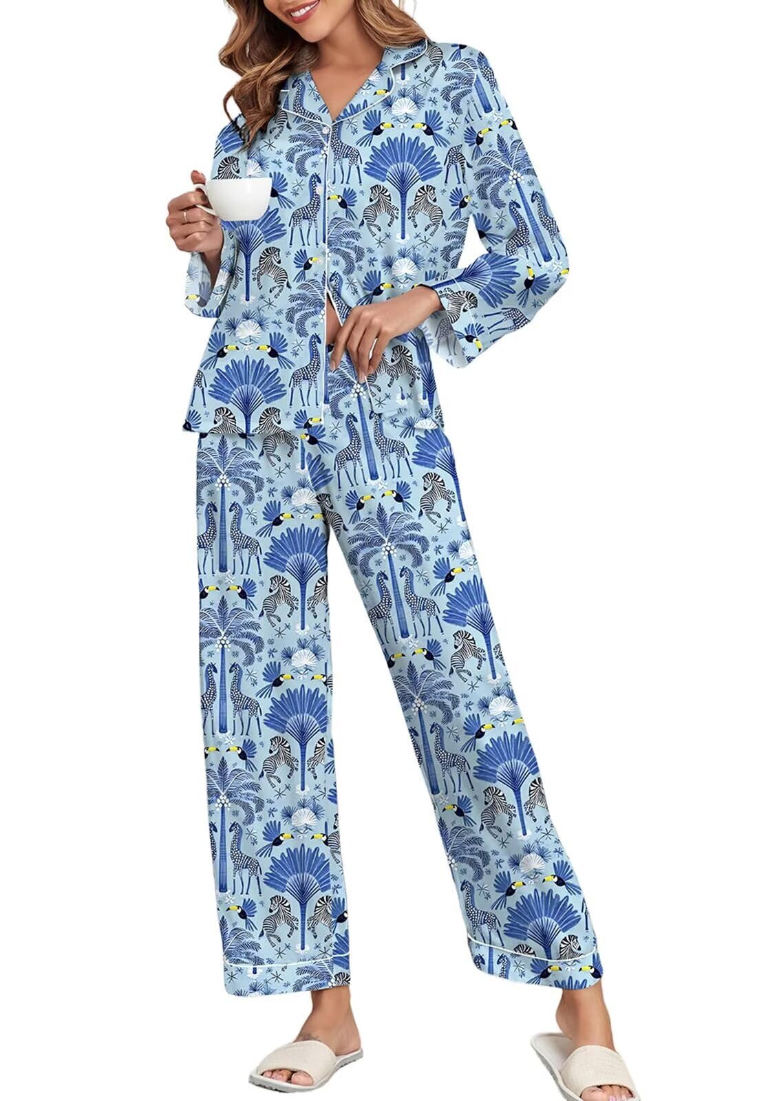 Brosloth Women's Silk Satin Pajamas Long Sleeve Button Up Loungewear Set | Button Down Animal Print Pajamas, Ladies Fancy Pajama sets, Two Piece Lounge Set, Notch Collar Lightweight Sleepwear, Gift WEBE CLOTHING