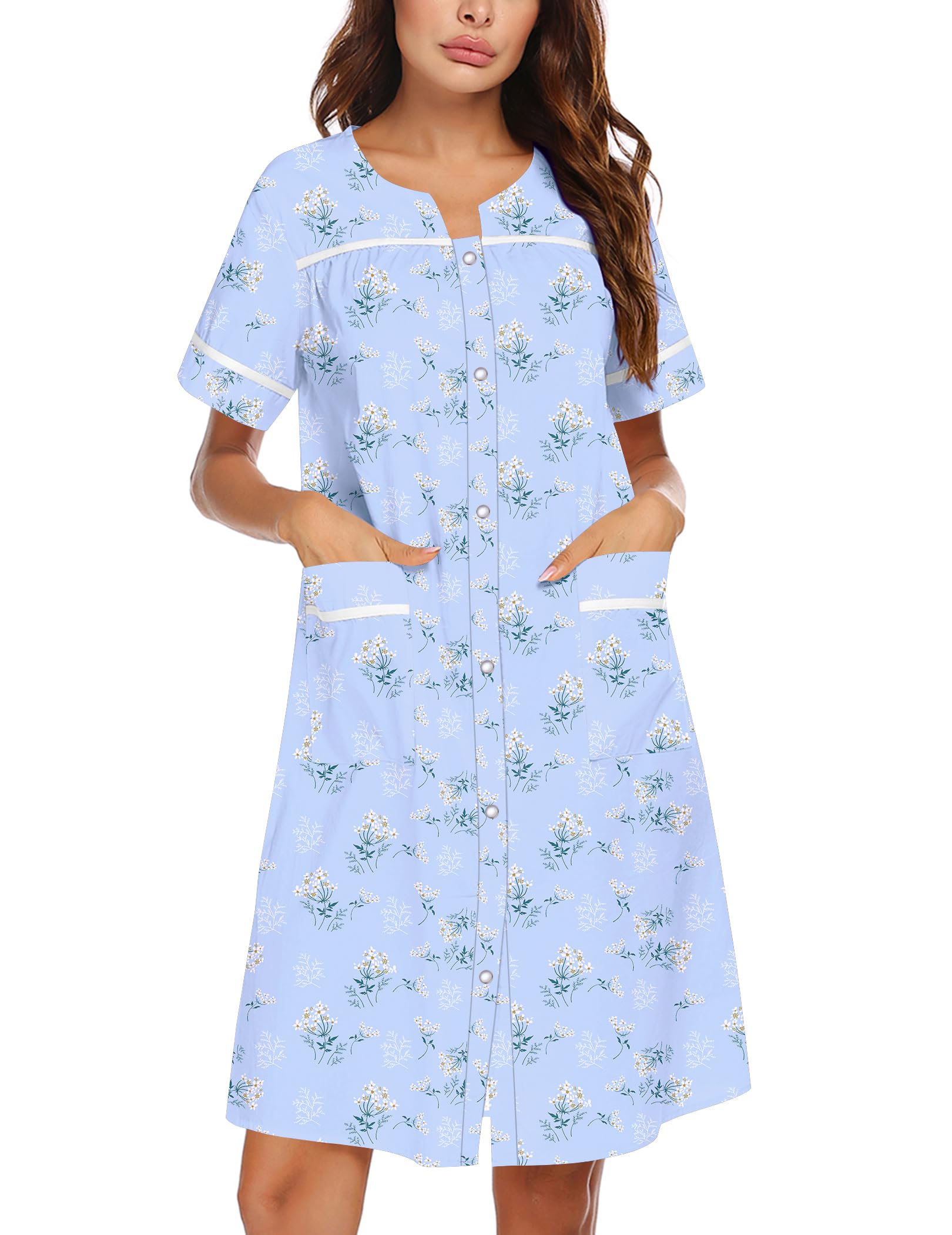 Ekouaer Nightgowns for Women House Dress with Pockets Snap Front House Coat | Duster Mumu Dress, Short Sleeve Moo Moos, Plus Size Sleepwear, Casual Lounge Dress, Labor Delivery Gown, Daily Wear, Home