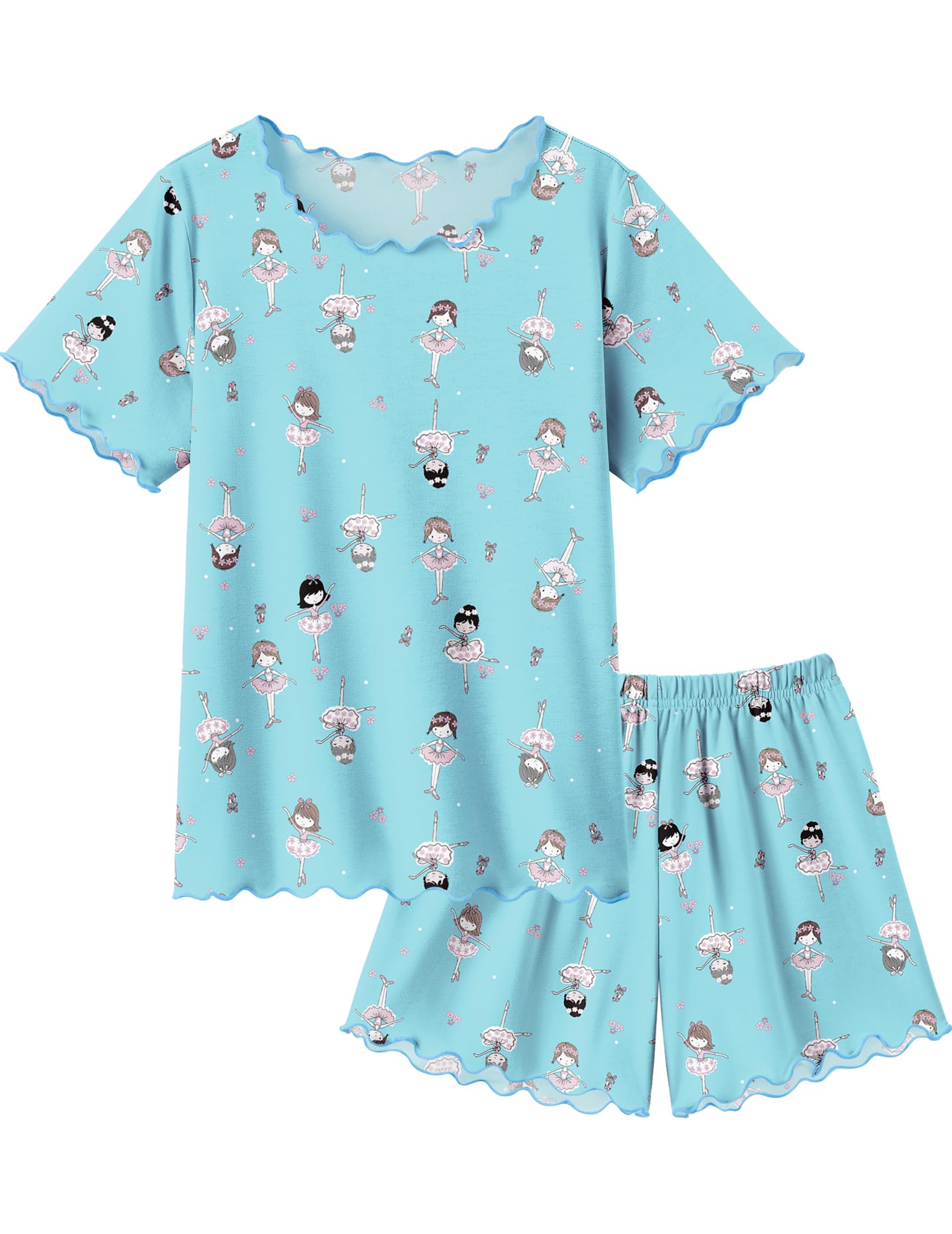 Arshiner Girls Pajama Set Short Sleeve Lounge Set Soft Shirring Summer Sleepwear Pj Sets