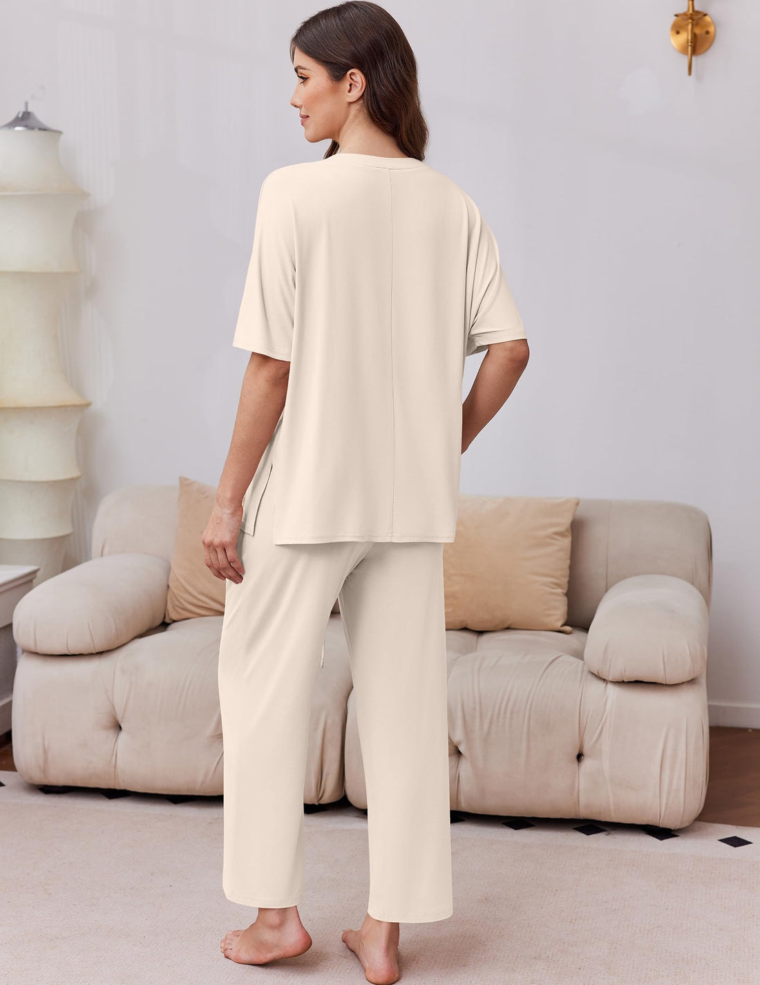 Ekouaer 2 Packs Lounge Sets for Women Short Sleeve Pajamas Set V Neck Top and Long Pants Comfy Pjs Outifts with Pockets