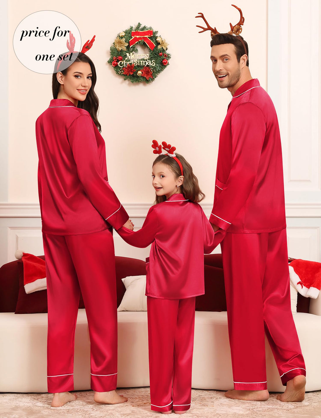 SWOMOG Matching Family Pajamas Set Women & Men & Kids Silk Satin Pjs 2 Pcs Long Sleeve Button Down Sleepwear with 2 Pockets