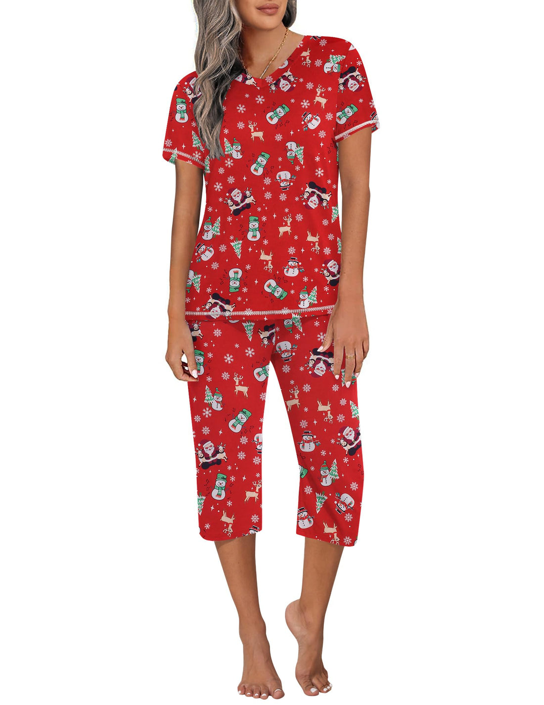 Ekouaer Women's Sleepwear Capri Pajama Sets Short Sleeve Two-Piece Pjs V Neck Tops & Capri Pants with Pockets S-3XL