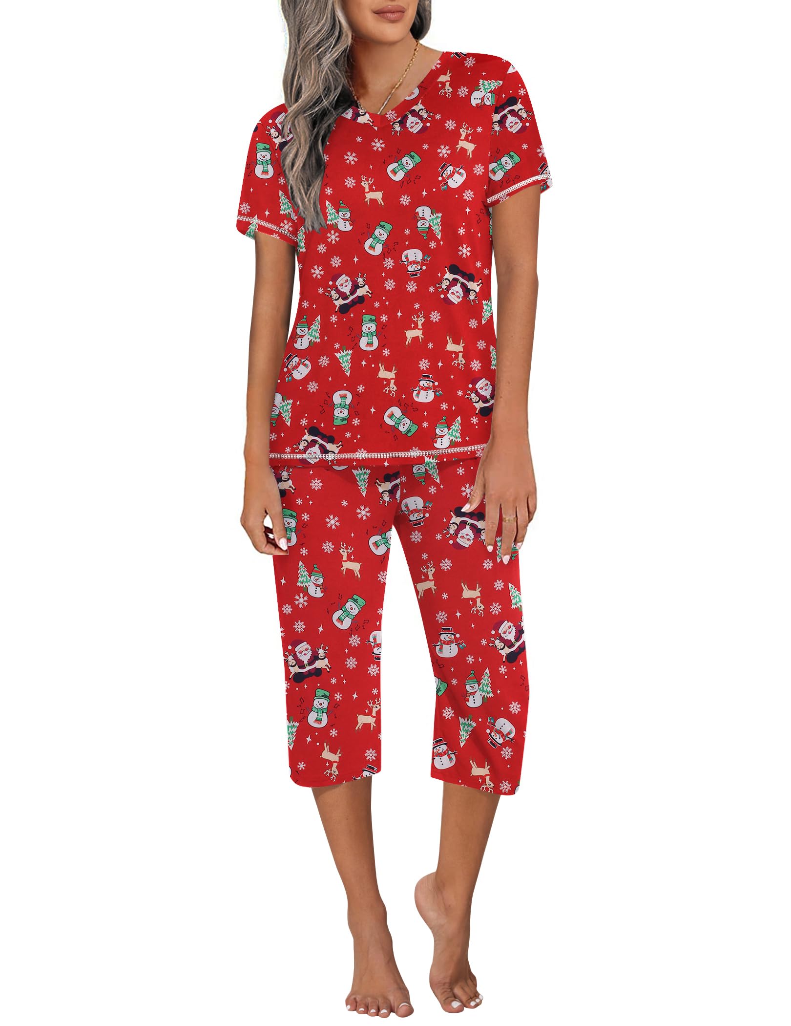 Ekouaer Women's Sleepwear Capri Pajama Sets Short Sleeve Two-Piece Pjs V Neck Tops & Capri Pants with Pockets S-3XL
