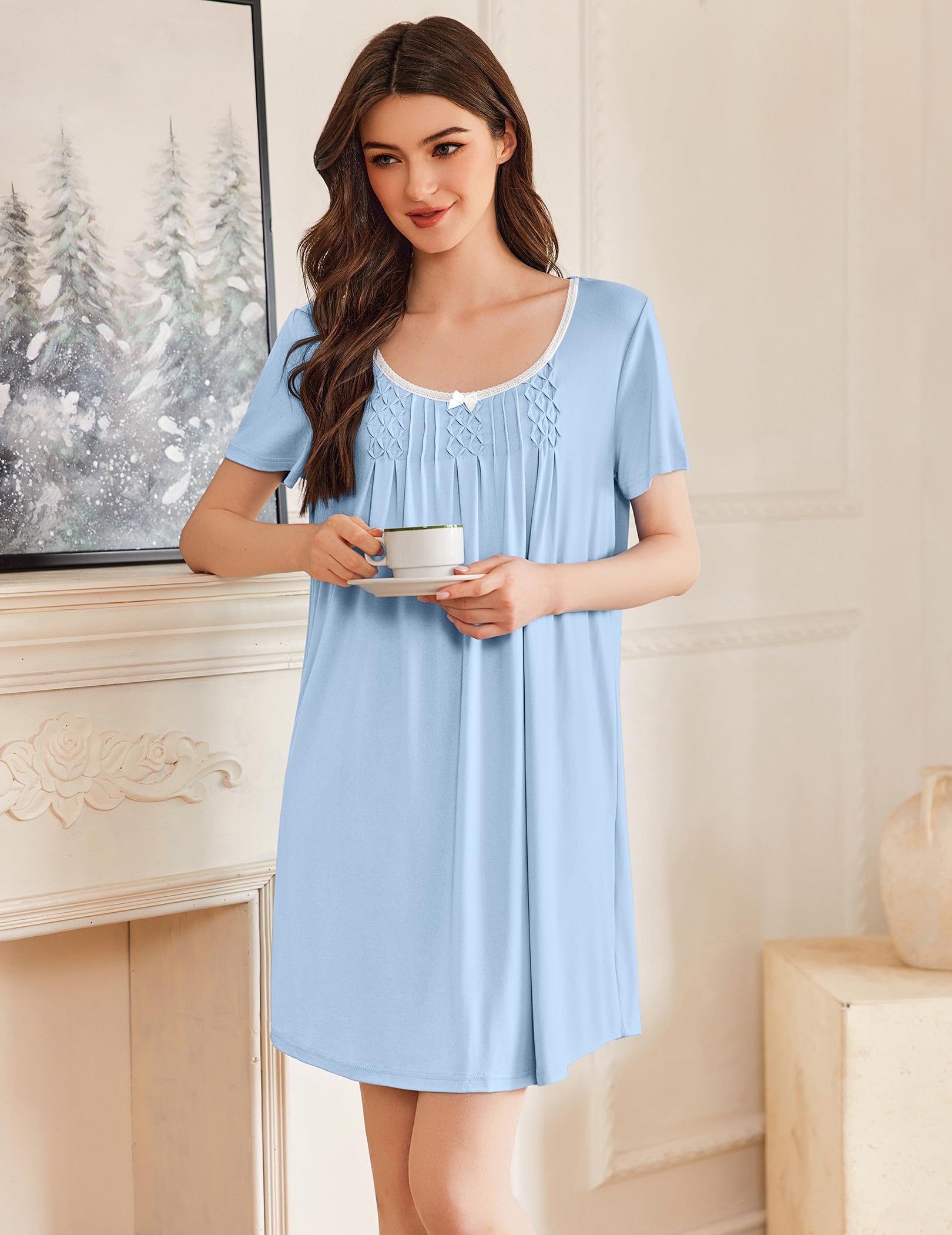 Ekouaer Nightgowns for Women Pleated Sleep Shirts Short Sleeve Night Shirts Lace Trim Night Gown Ladies Sleep Dress