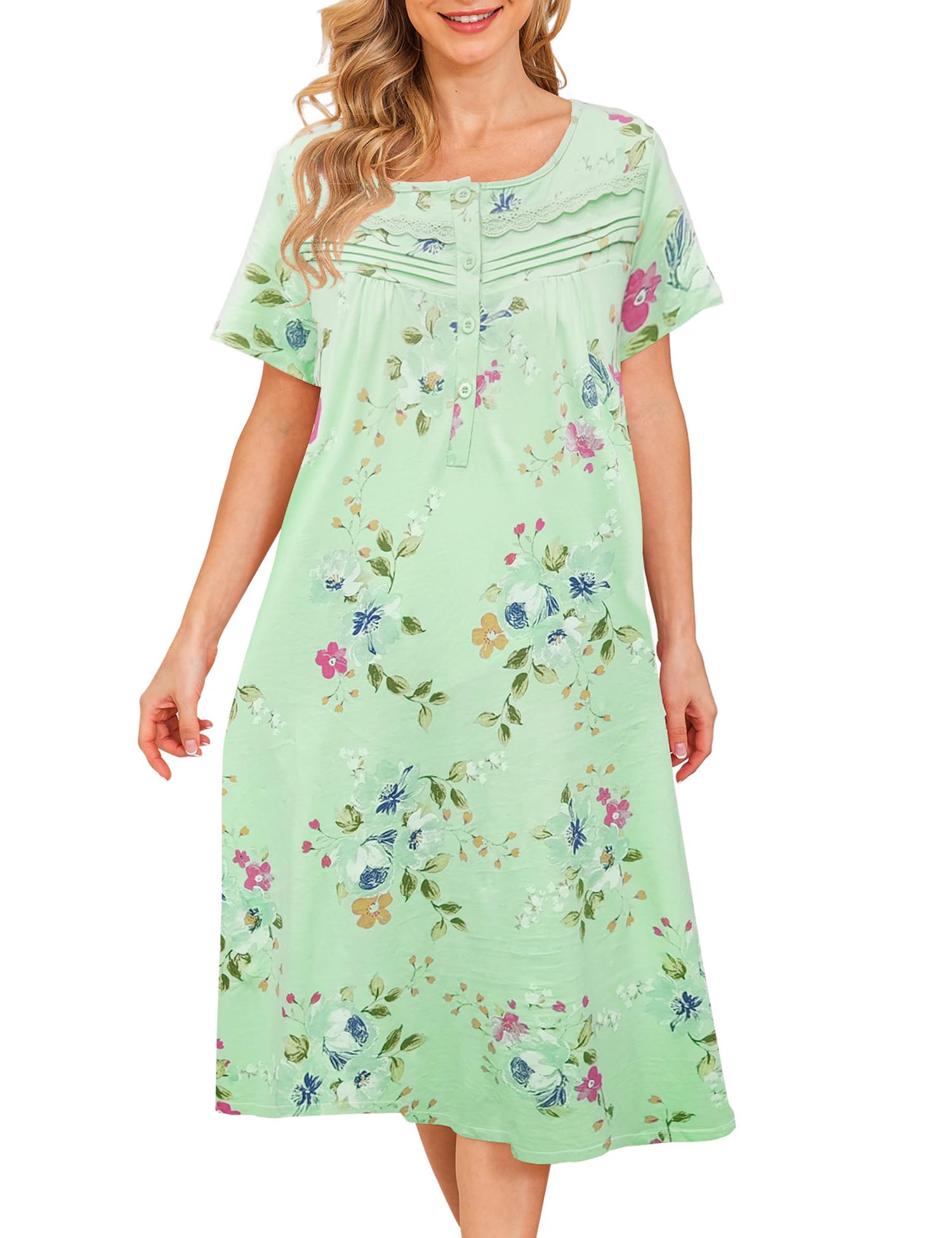 Bloggerlove Nightgowns for Women 100% Cotton Soft House Dress | 100 Full Cotton, Button Neck, Knee Length, Lace Trim Floral, Breathable, Skin-frieend, Loose Fit, Comfy Sleepwear WEBE CLOTHING