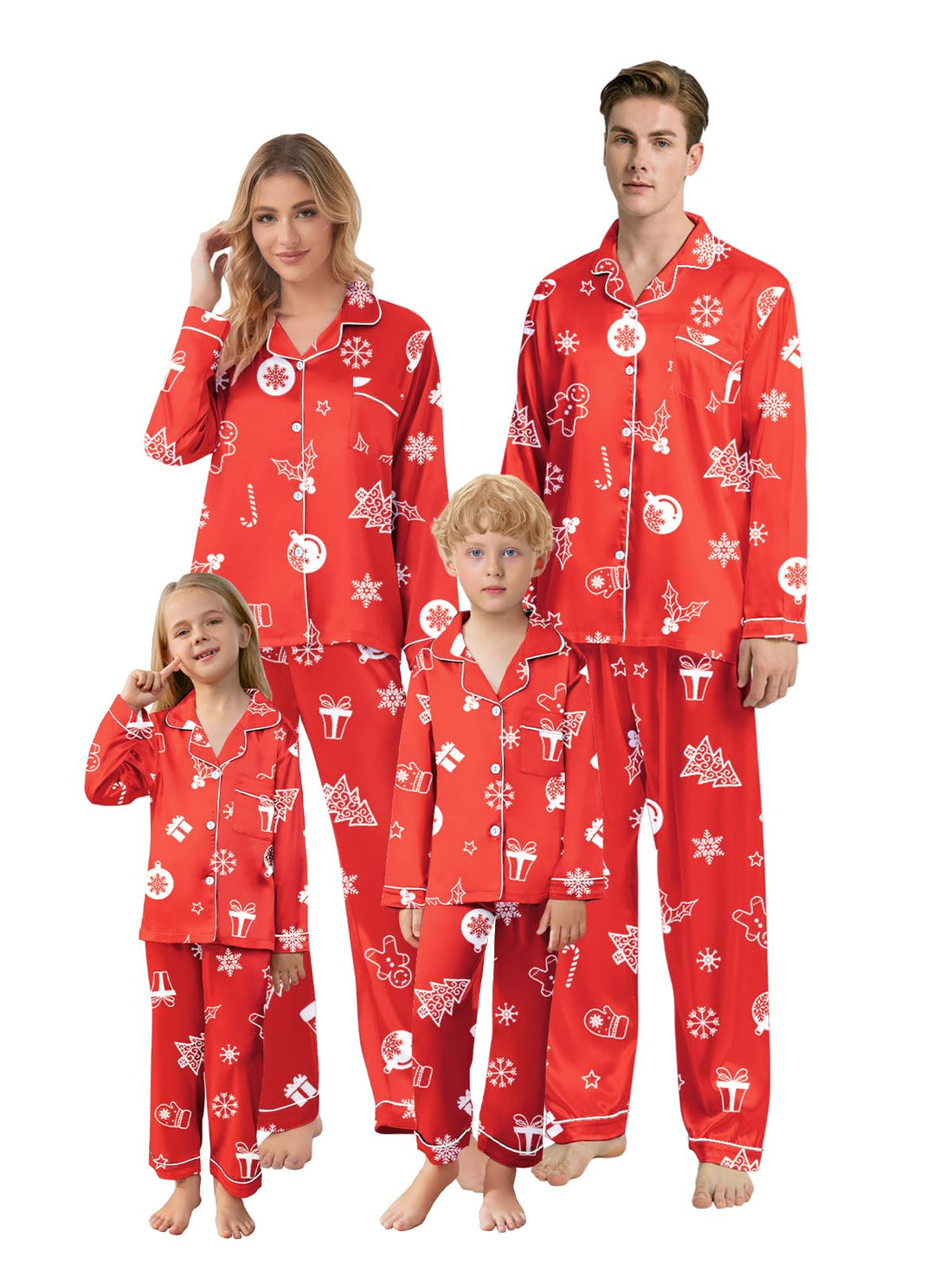 Schbbbta Christmas Family Silk Pajamas Matching Sets Long Sleeve Pj Set Satin Button Down Holiday Sleepwear