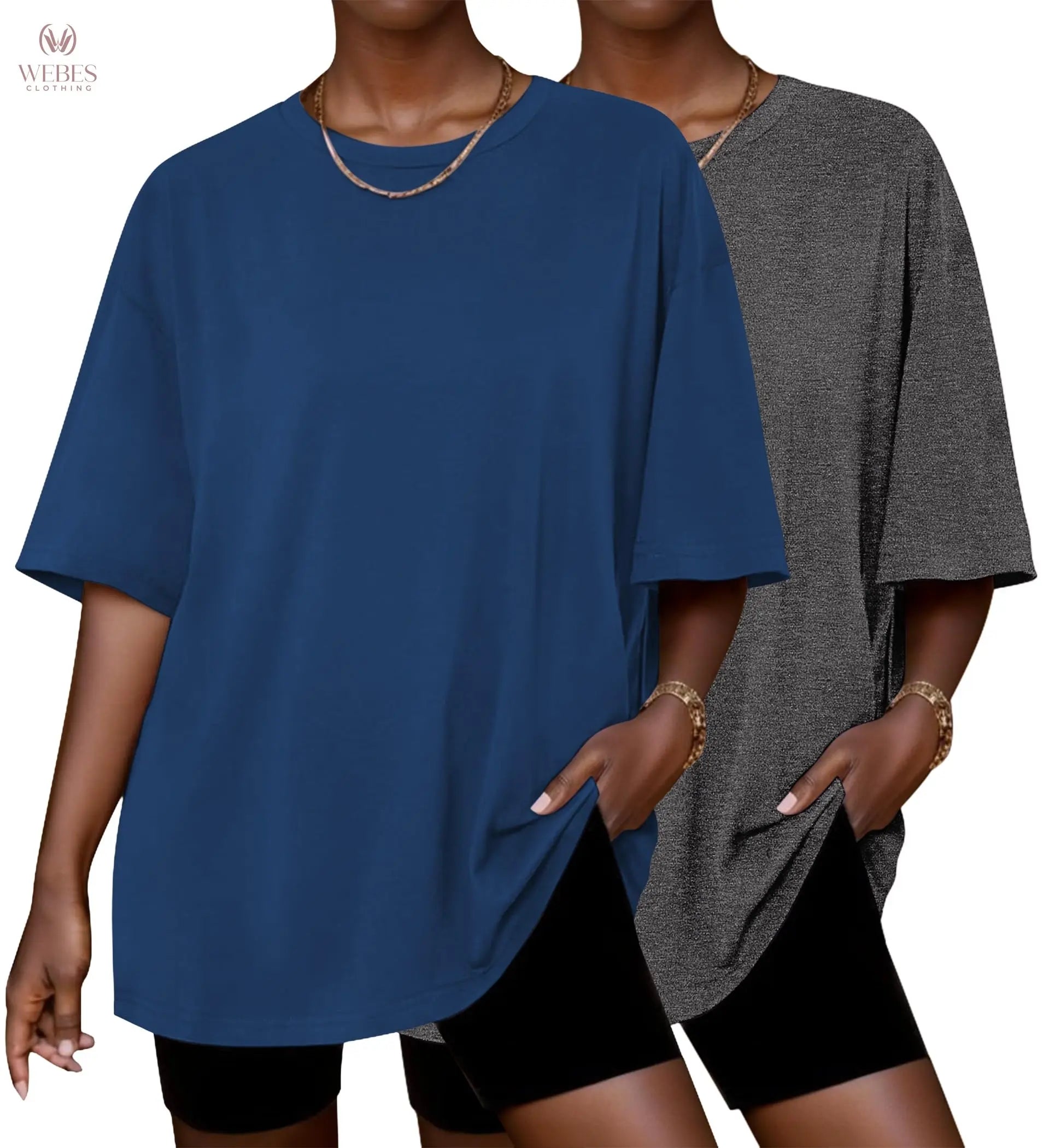 Ekouaer 2 Pack Womens Tops Short Sleeve Oversized T Shirts Summer Spring Tops 2025 Basic Casual Tee Top S-XXL