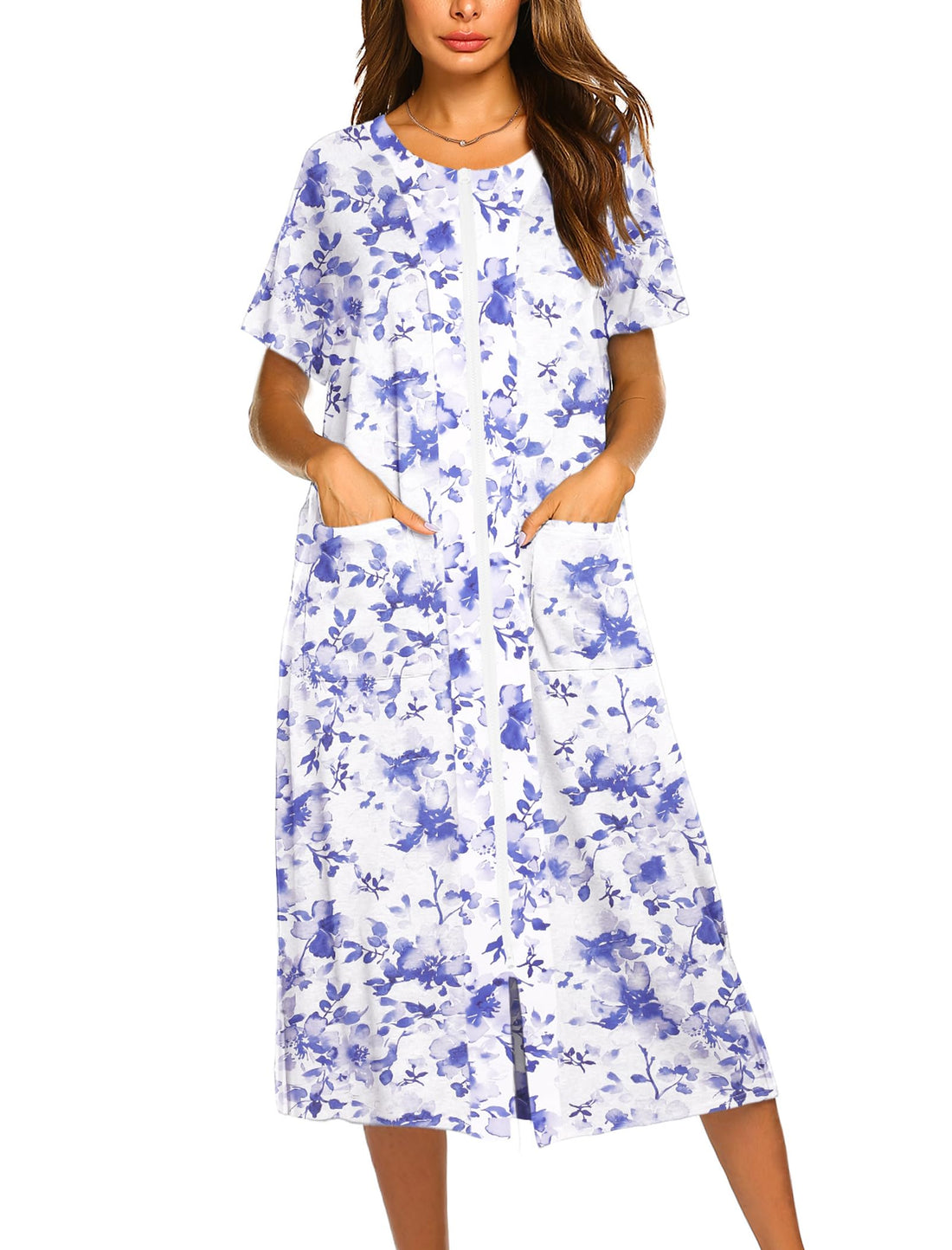 Ekouaer Robes For Women Zipper Bathrobe Short Sleeve Duster With Pockets | Zipper Front House Coat, Lightweight Sleepwear, Plus Size Loungewear, Ladies Nightgown for Mother, Postoperative Gown, Sleep