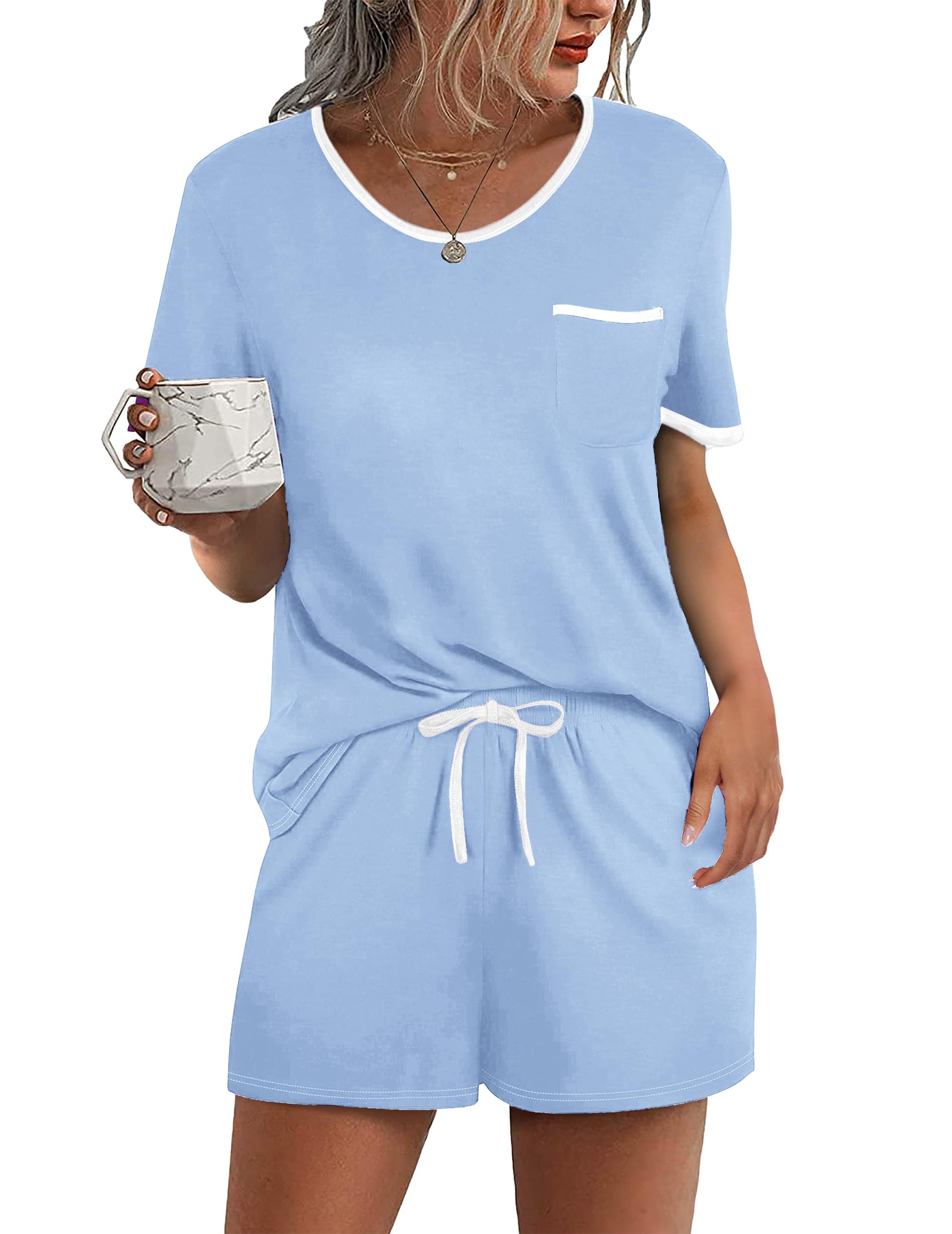 Ekouaer Pajama Set for Women 2 Piece Lounge Set Short Sleeve Tops and Shorts Soft Sleepwear, Chest Pocket WEBE CLOTHING