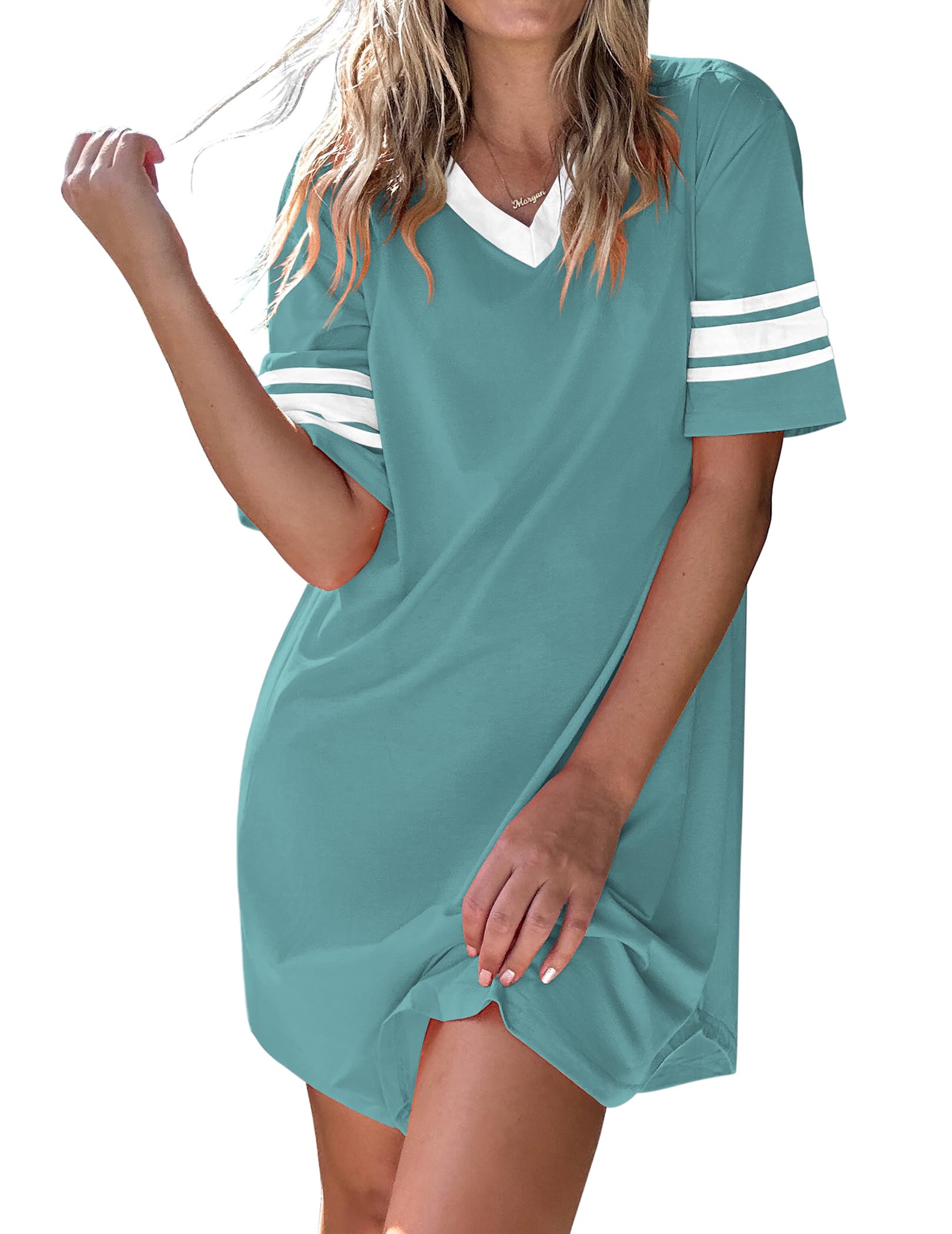 Ekouaer Nightgowns for Women Cotton Night Gown Short Sleeve Sleepwear V Neck Color Block Sleep Shirts Ladies Night Shirts