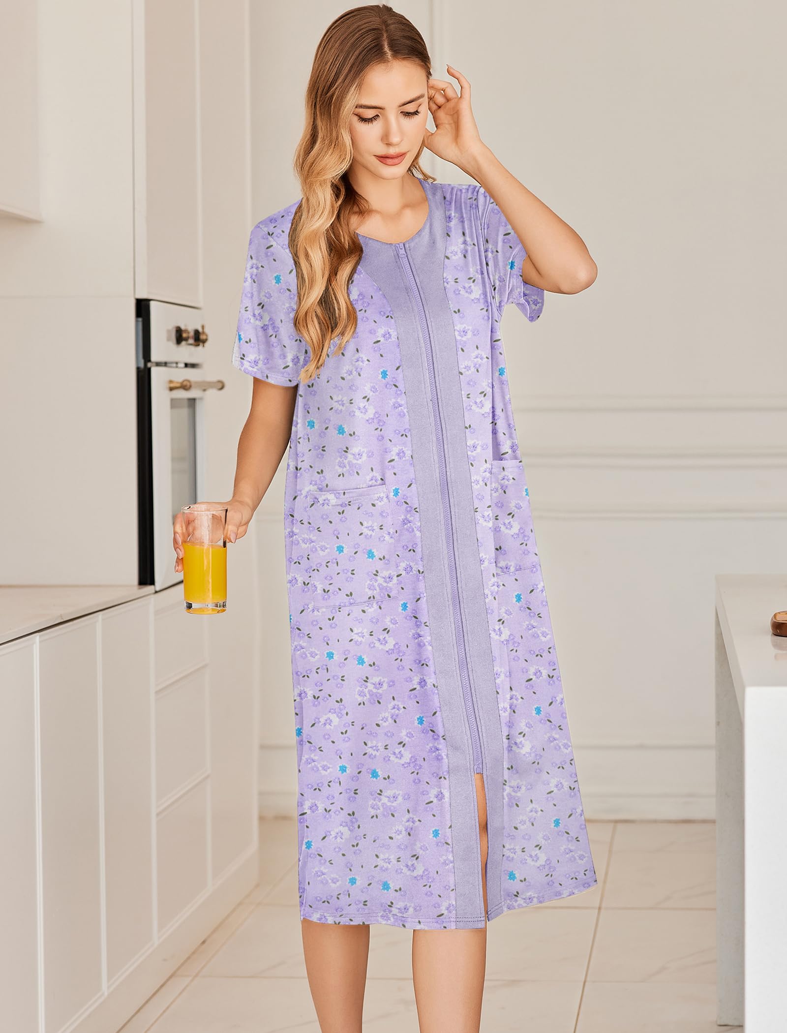 Ekouaer Robes For Women Zipper Bathrobe Short Sleeve Duster With Pockets | Zipper Front House Coat, Lightweight Sleepwear, Plus Size Loungewear, Ladies Nightgown for Mother, Postoperative Gown, Sleep