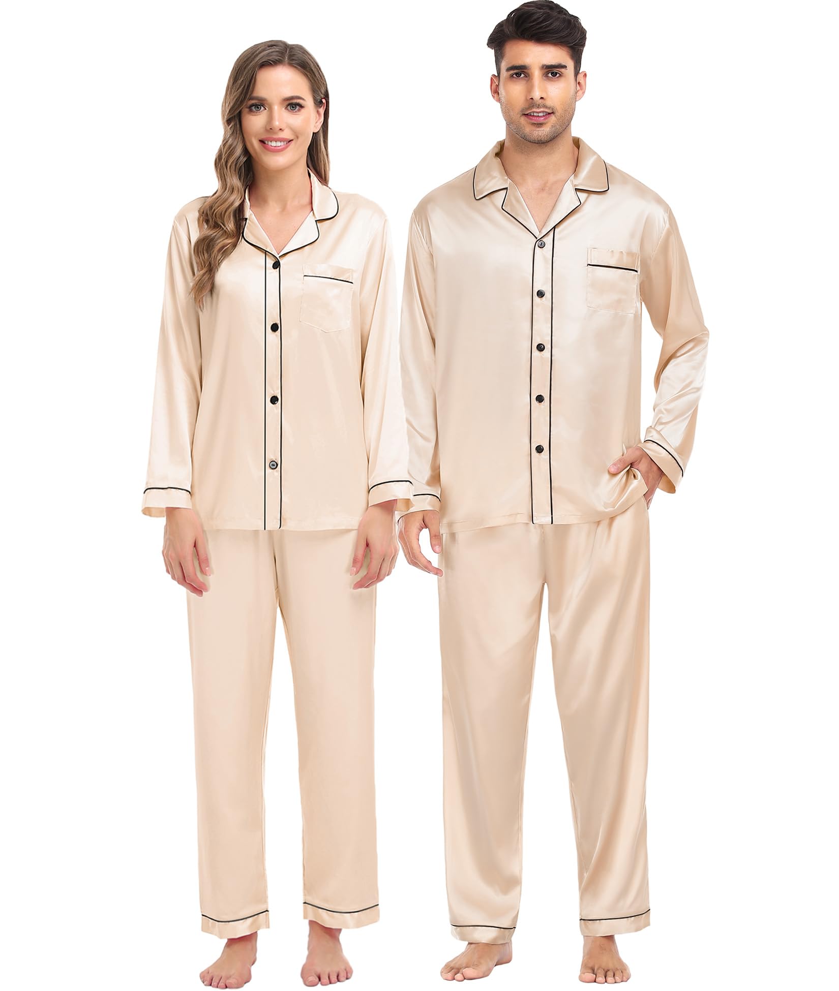 SWOMOG Family Matching Pajama Set Women/Men/Kids Satin Pajamas Long Sleeve Sleepwear Button Down Loungewear 2 Pcs Pj Set