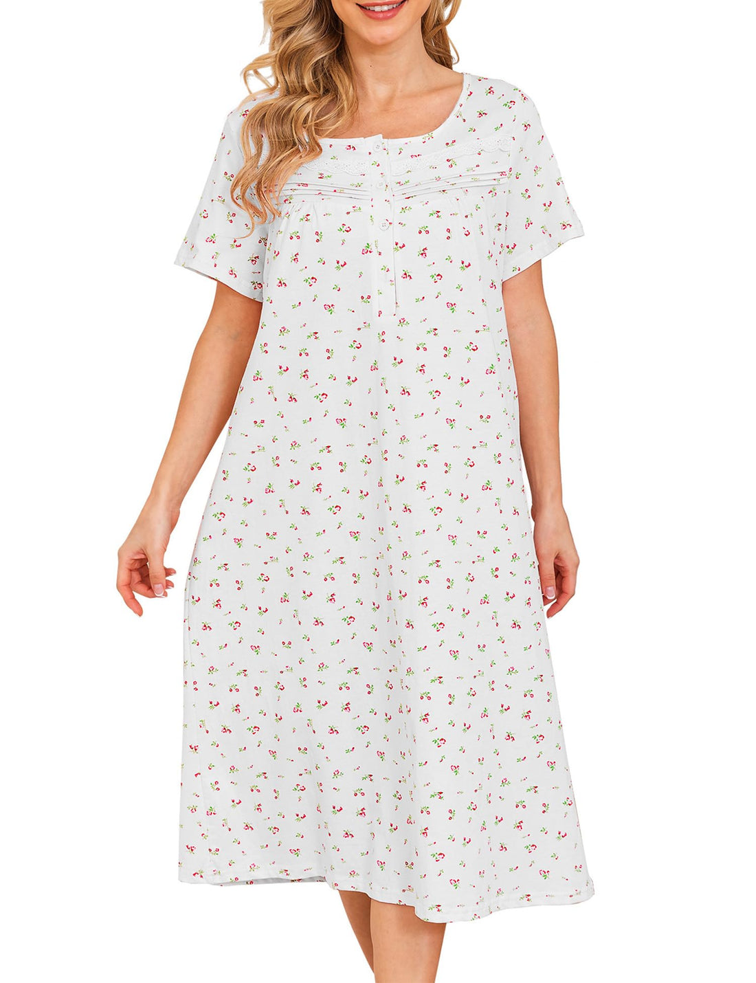 Bloggerlove Nightgowns for Women 100% Cotton Soft House Dress | 100 Full Cotton, Button Neck, Knee Length, Lace Trim Floral, Breathable, Skin-frieend, Loose Fit, Comfy Sleepwear WEBE CLOTHING